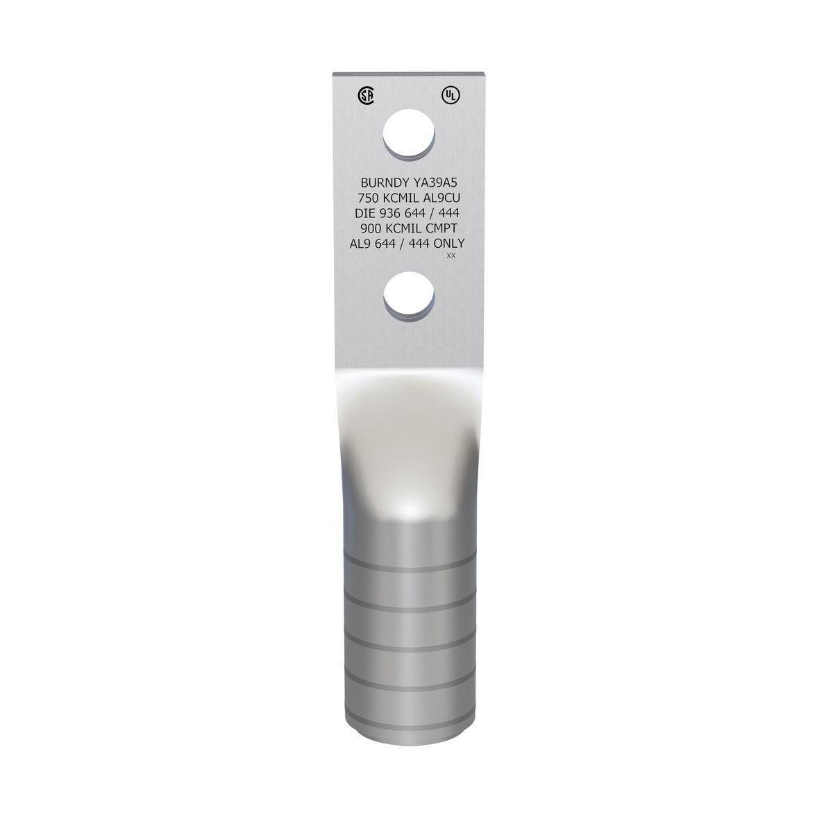 Picture of YA39A5 - Aluminum Compression Lug, 2 Hole w/o Inspection Window, 750 kcmil, 1/2" Stud, 1-3/4" Stud Hole Spacing, Al/Cu Rated, Tin Plated