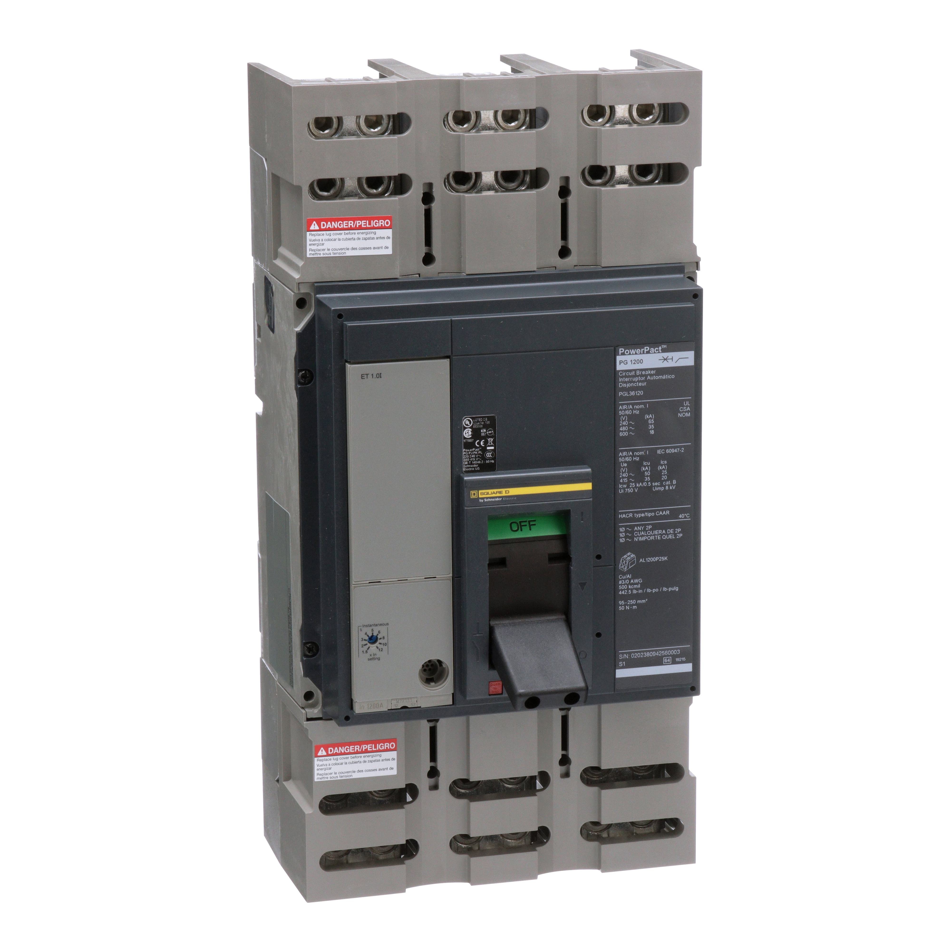 PGL36120 - Circuit breaker, PowerPacT P, 1200A, 3 pole, 600VAC, 18kA, lugs, ET1.0l, 80%