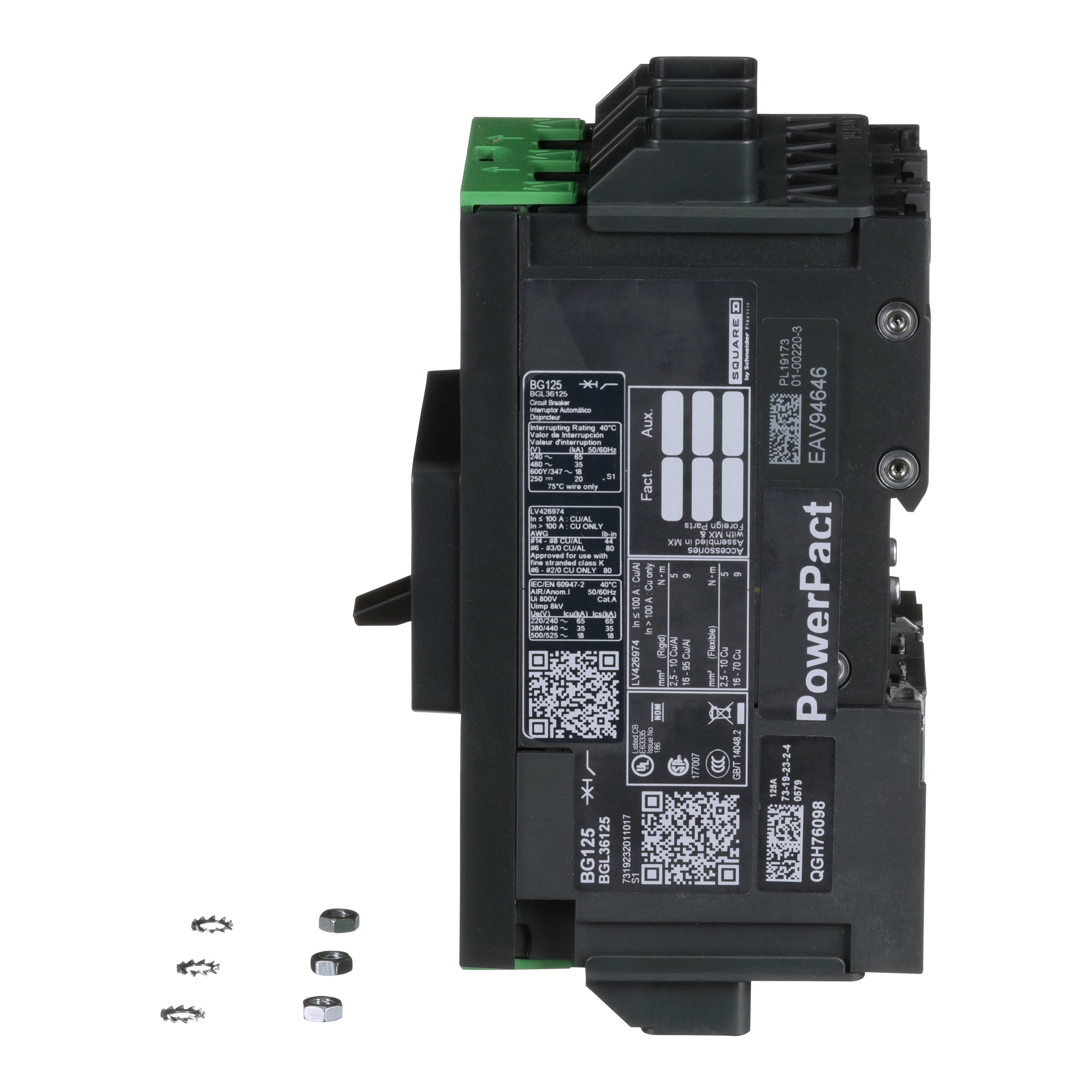 Picture of BGL36125 - Circuit breaker, PowerPacT B, 125A, 3 pole, 600Y/347VAC, 18kA, lugs, thermal magnetic, 80%