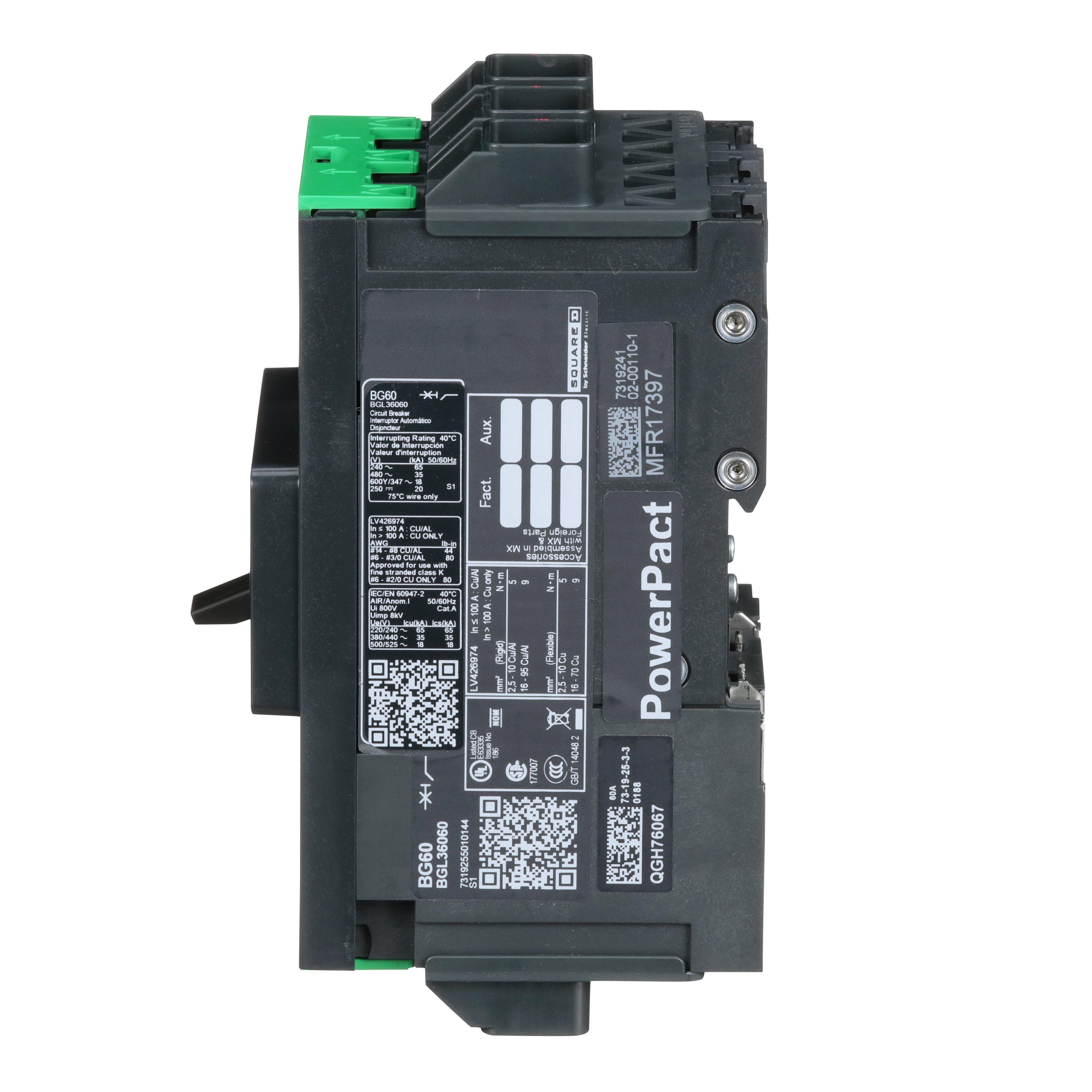 Picture of BGL36060 - Circuit breaker, PowerPacT B, 60A, 3 pole, 600Y/347VAC, 18kA, lugs, thermal magnetic, 80%