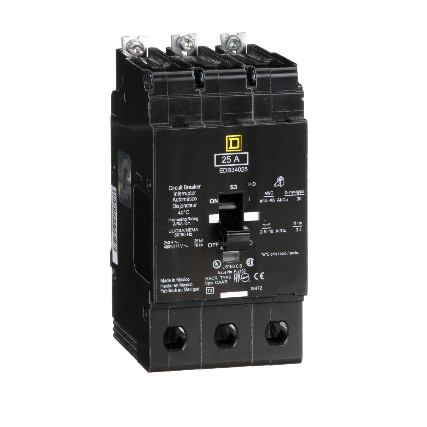 EDB34025 - [TAA] Mini circuit breaker, E-Frame, 25A, 3 pole, 480Y/277VAC, 25kA max, bolt on