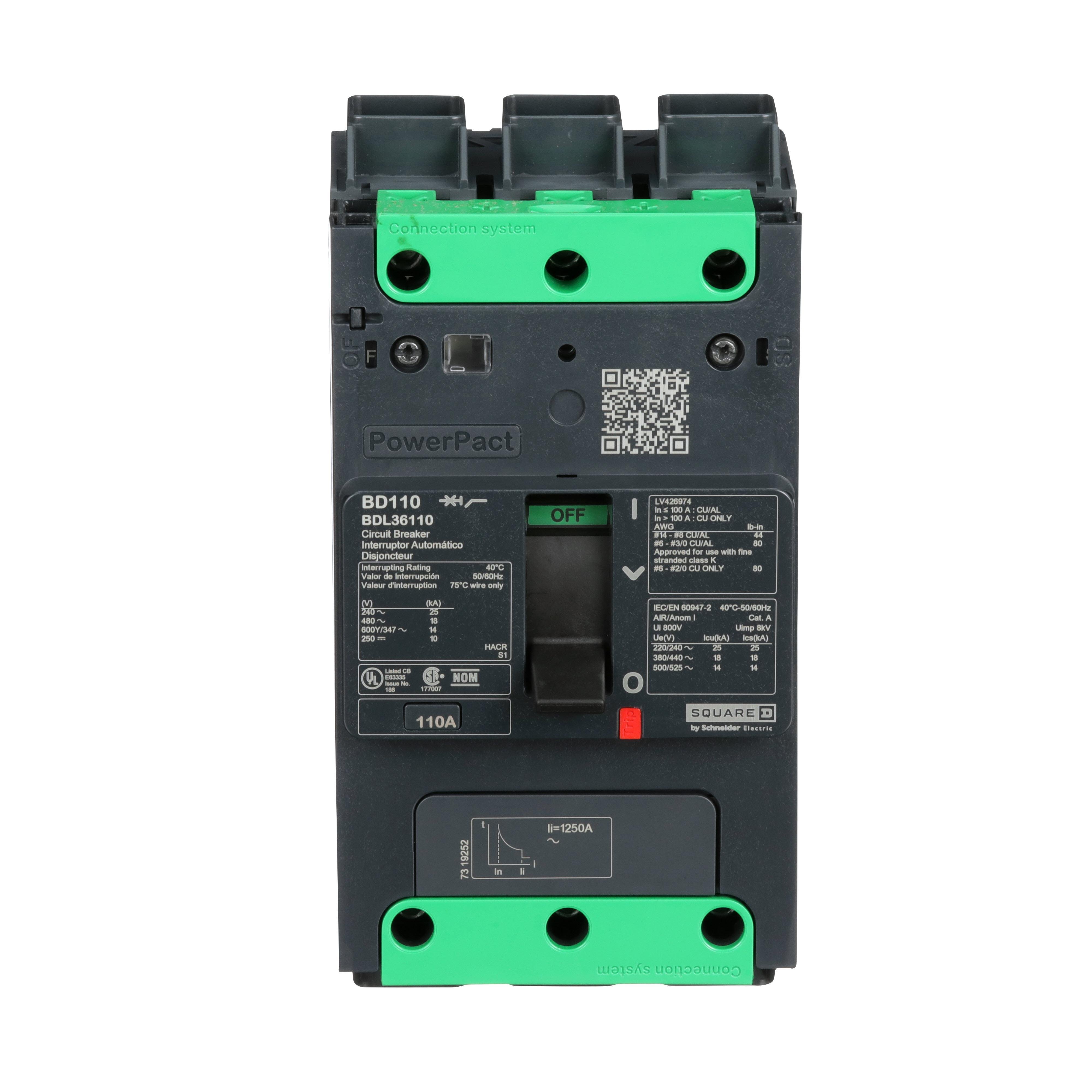 BDL36110 - Circuit breaker, PowerPacT B, 110A, 3 pole, 600Y/347VAC, 14kA, lugs, thermal magnetic, 80%