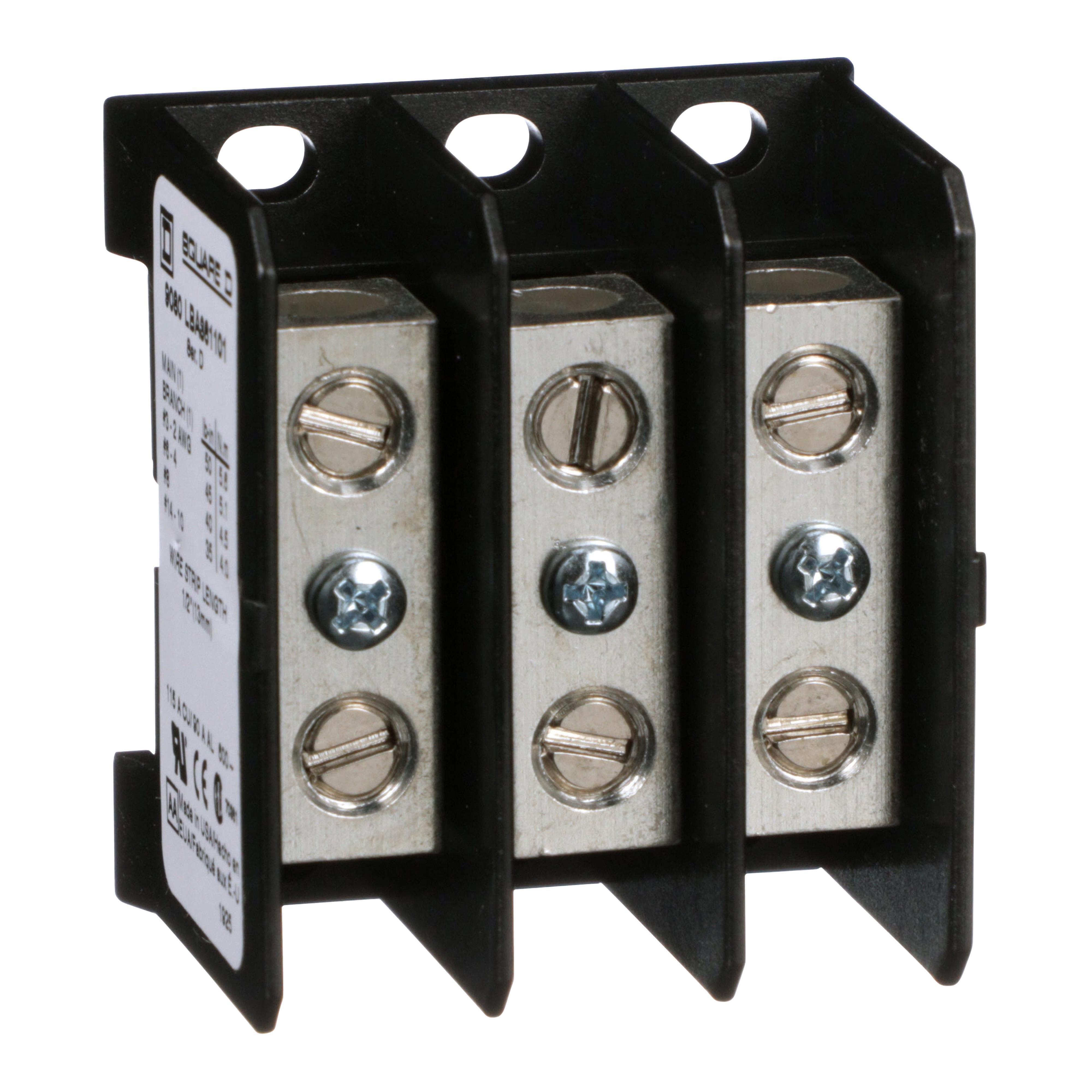 9080LBA361101 - Power distribution block, Linergy, 3 pole, 1 line, 1 load, 115A CU, 90A AL, 600 V