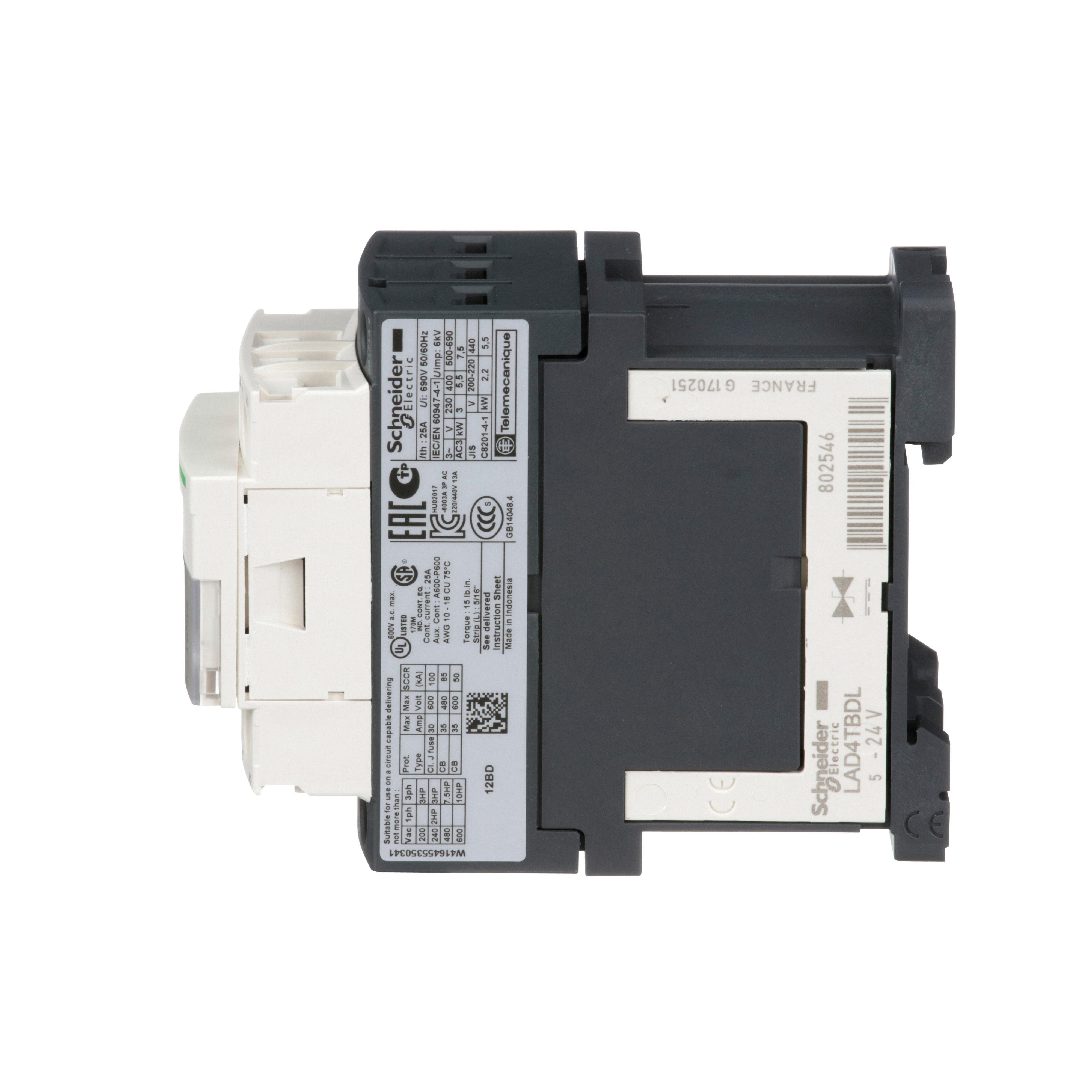 Picture of LC1D12BD - IEC contactor, TeSys Deca, nonreversing, 12A, 7.5HP at 480VAC, up to 100kA SCCR, 3 phase, 3 NO, 24VDC coil, open style