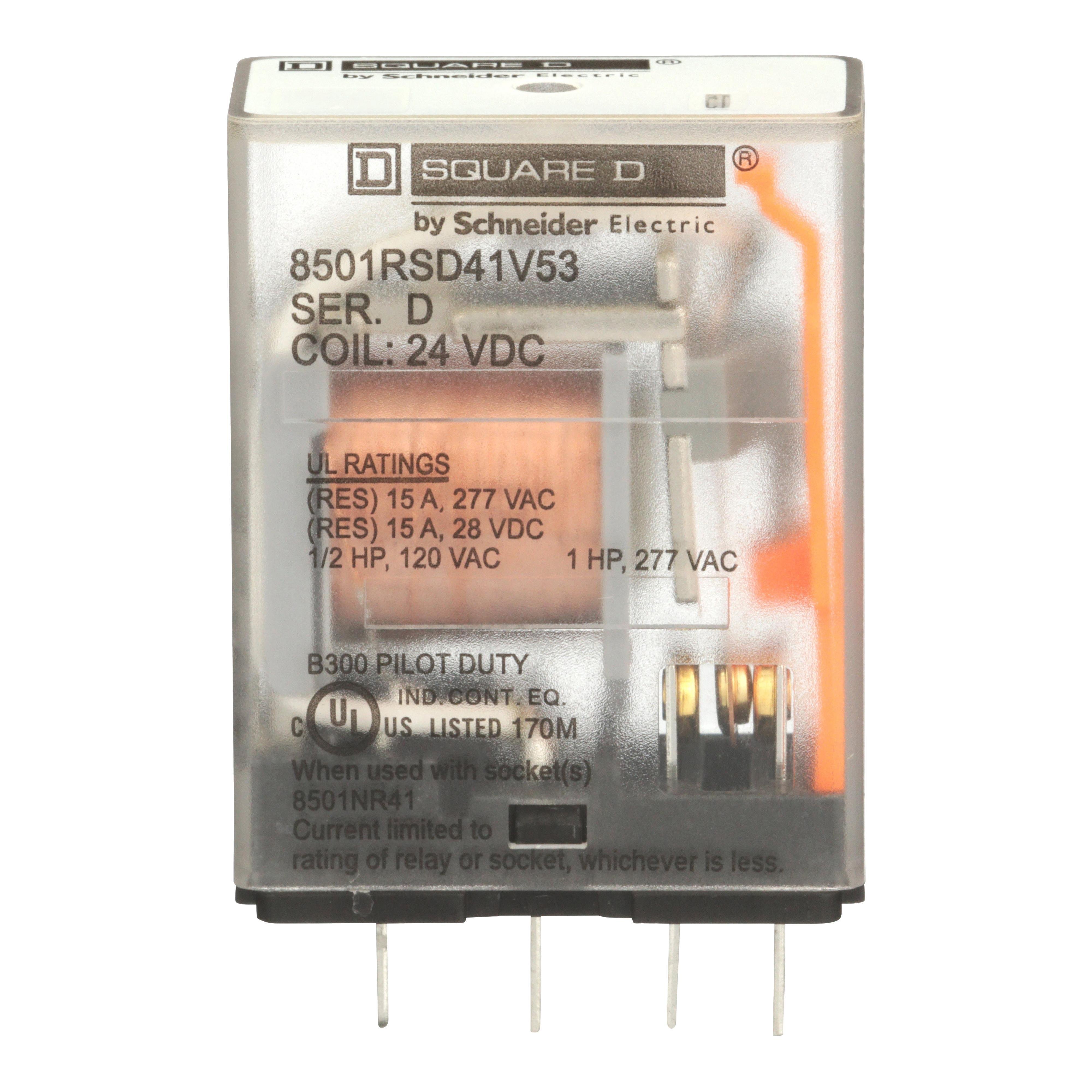 8501RSD41V53 - Miniature Relay, Harmony 8501R, SPDT, 5 blades, coil, 1HP at 277V AC, 15A resistive at 120V AC, 24V DC, 1NO+ 1NC
