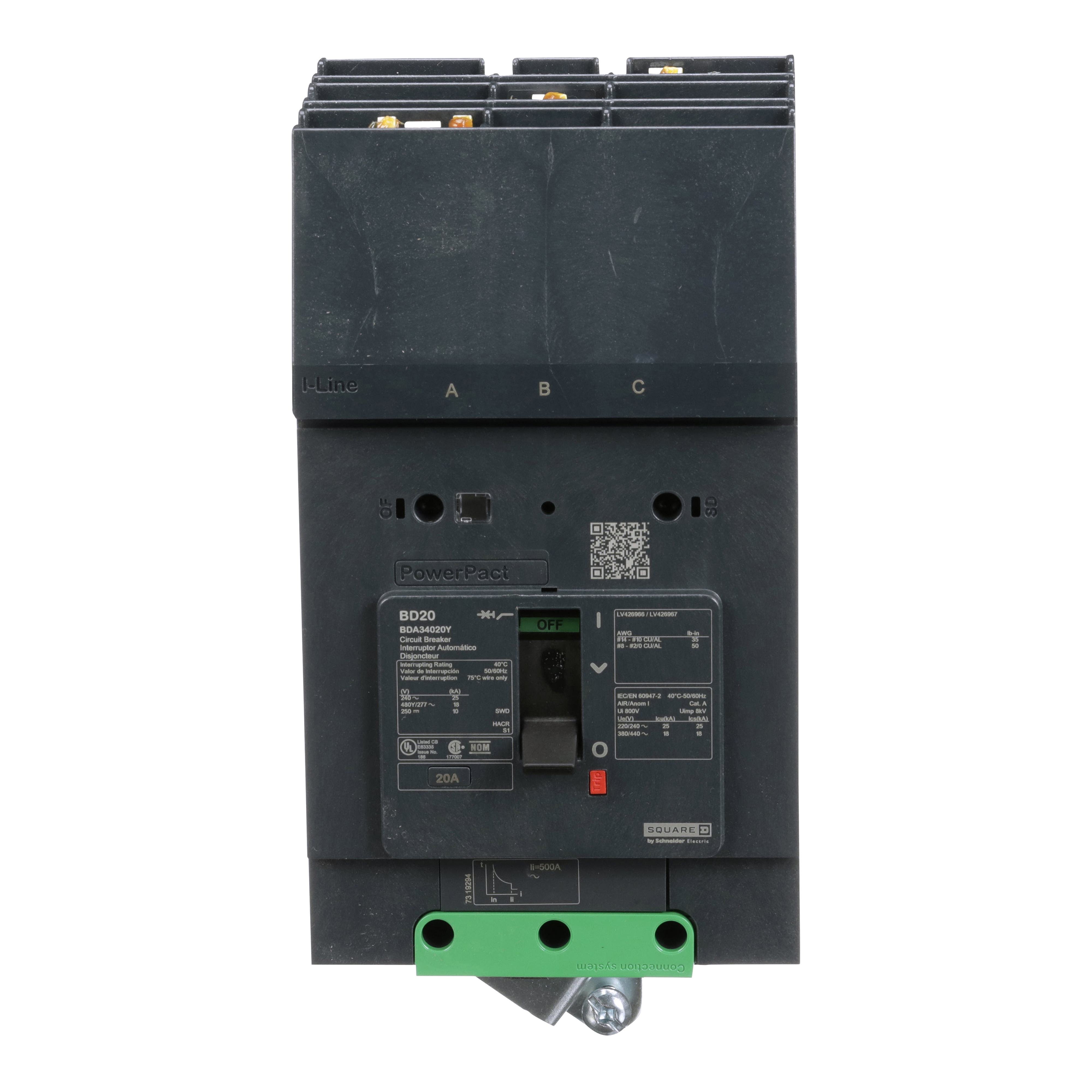 Picture of BDA34020Y - Circuit breaker, PowerPacT B, 20A, 3 pole, 480Y/277VAC, 18kA, I-Line, thermal magnetic, 80%, ABC
