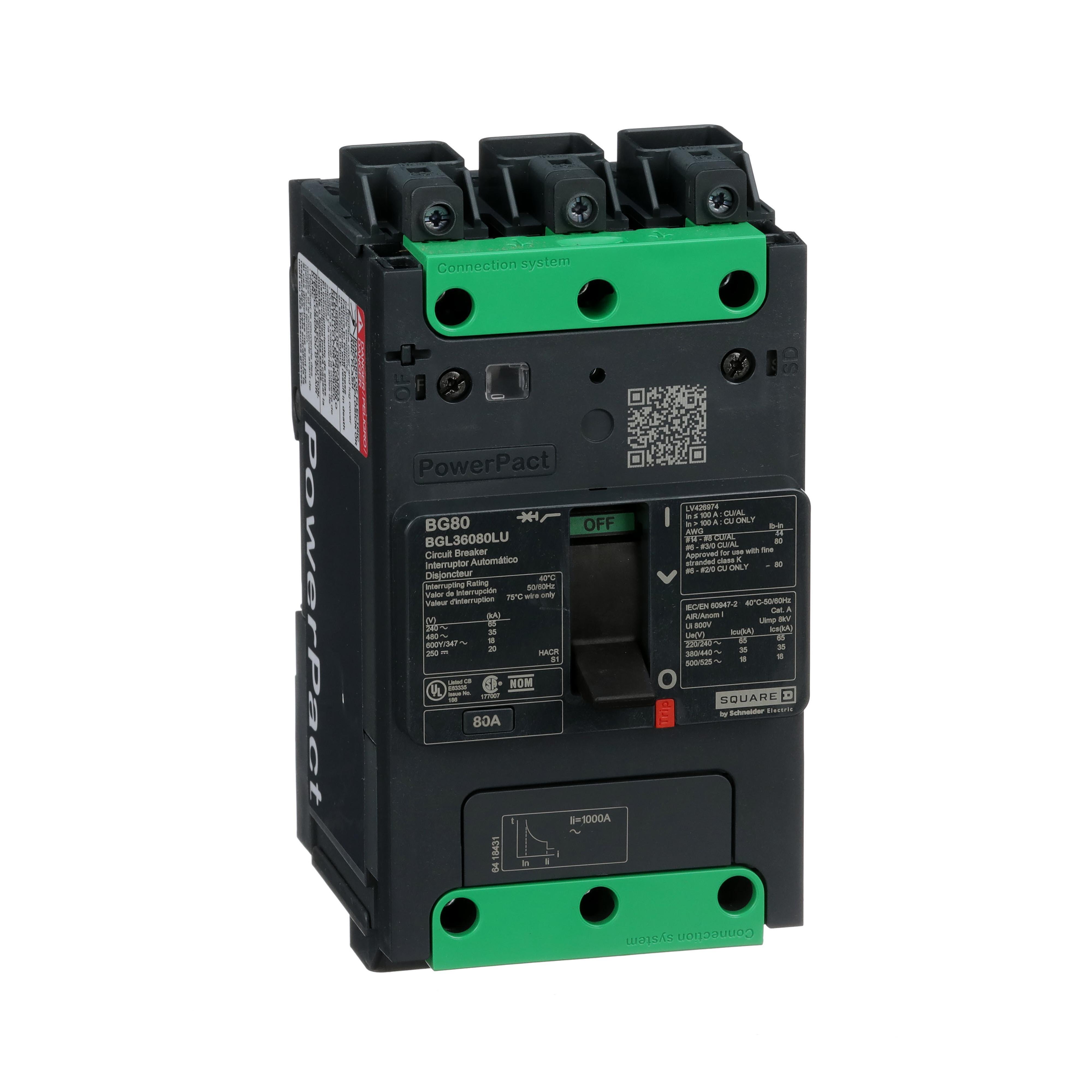 Picture of BGL36080LU - Circuit breaker, PowerPacT B, 80A, 3 pole, 600Y/347VAC, 18kA, lugs, thermal magnetic, 80%, control wire ON end