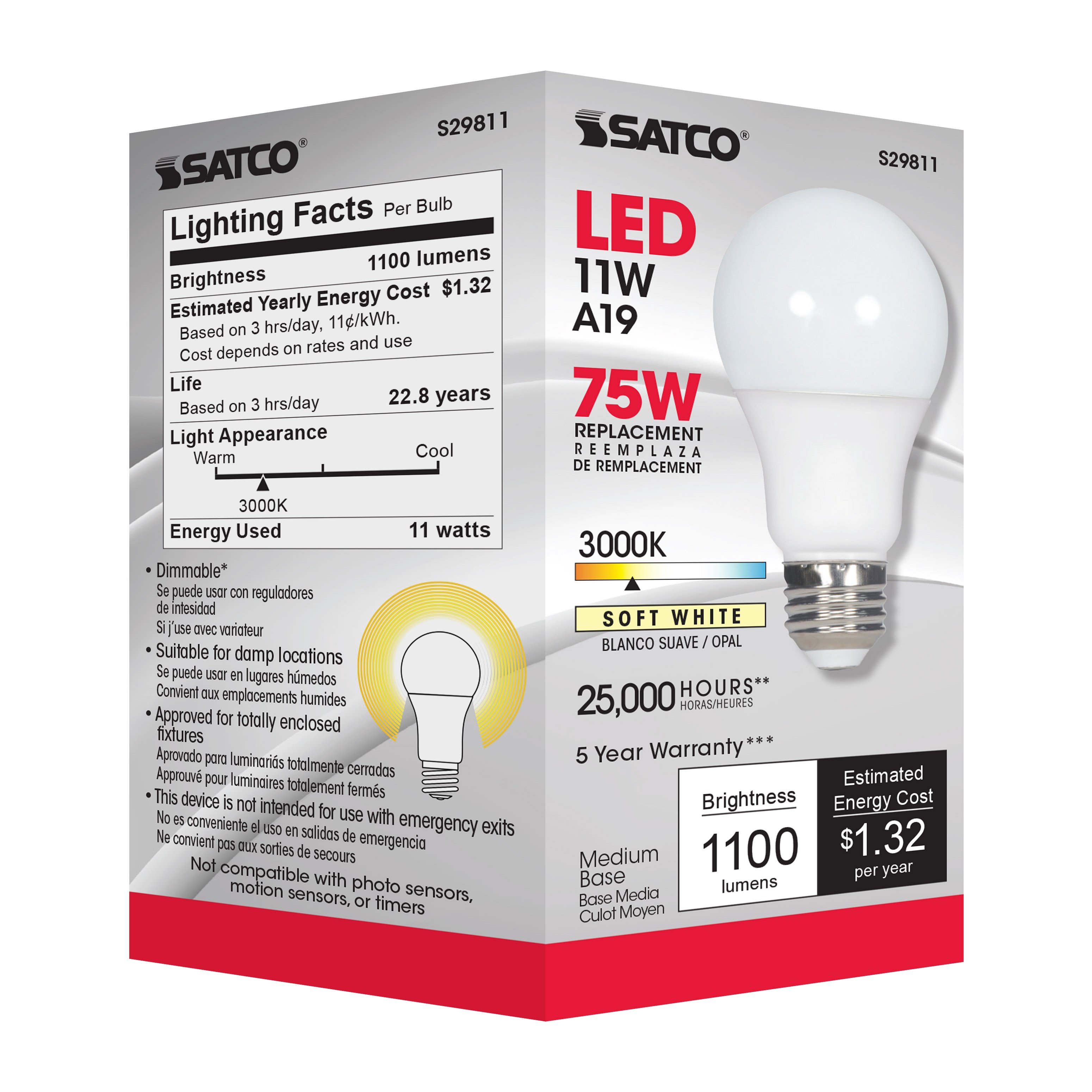 Picture of S29811 - 11 Watt - A19 LED - 3000K - Medium base - 220 deg. Beam Angle - 120 Volt