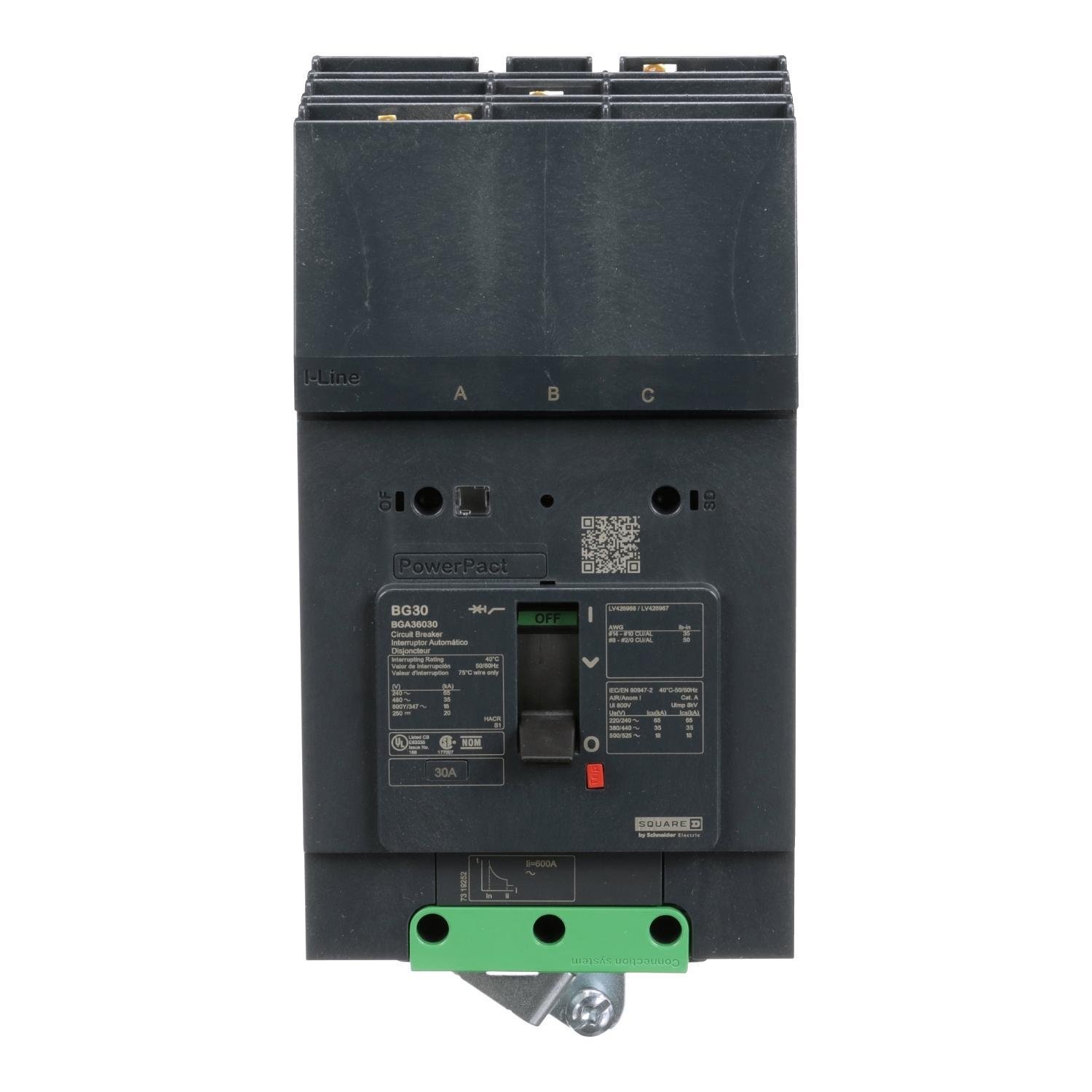 BGA36030 - Circuit breaker, PowerPacT B, 30A, 3 pole, 600Y/347VAC, 18kA, I-Line, thermal magnetic, 80%, ABC