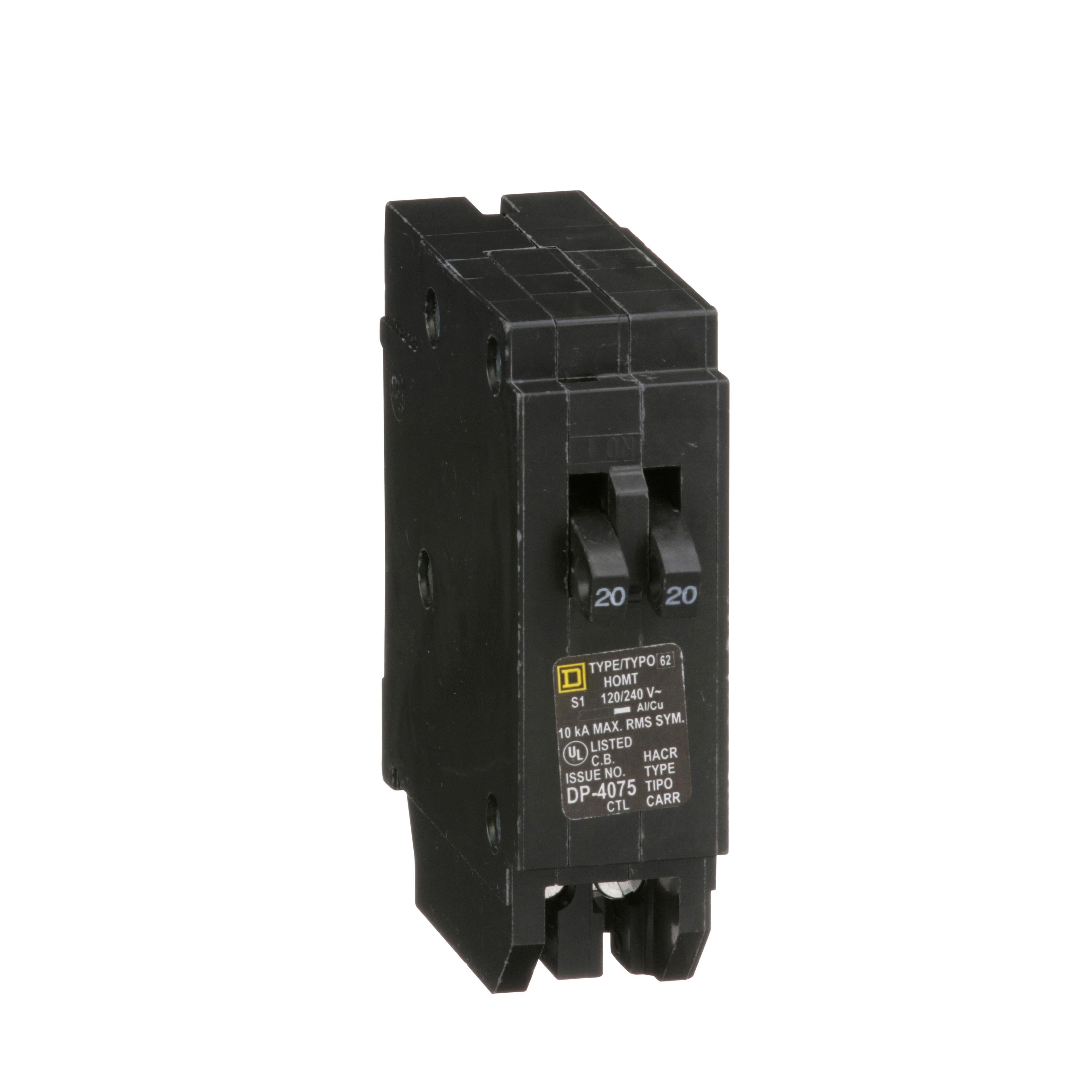 Picture of HOMT2020 - Tandem circuit breaker, Homeline, 2 x 1 pole at 20A, 120/240VAC, 10kA AIR, plug in, UL