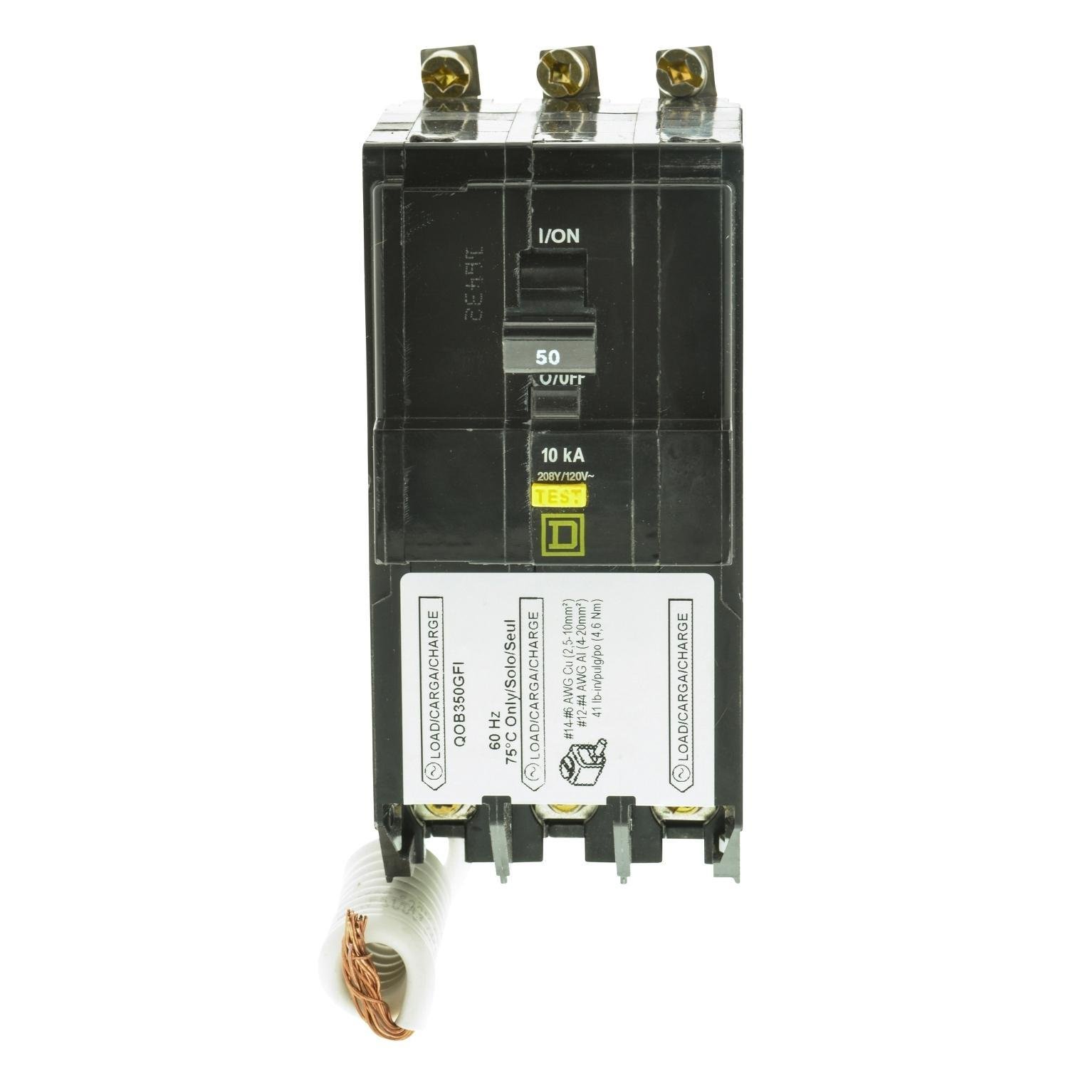 QOB350GFI - [TAA] Mini circuit breaker, QO, 50A, 3 pole, 208Y/120VAC, 10kA, bolt on, 6mA grd fault A, pigtail