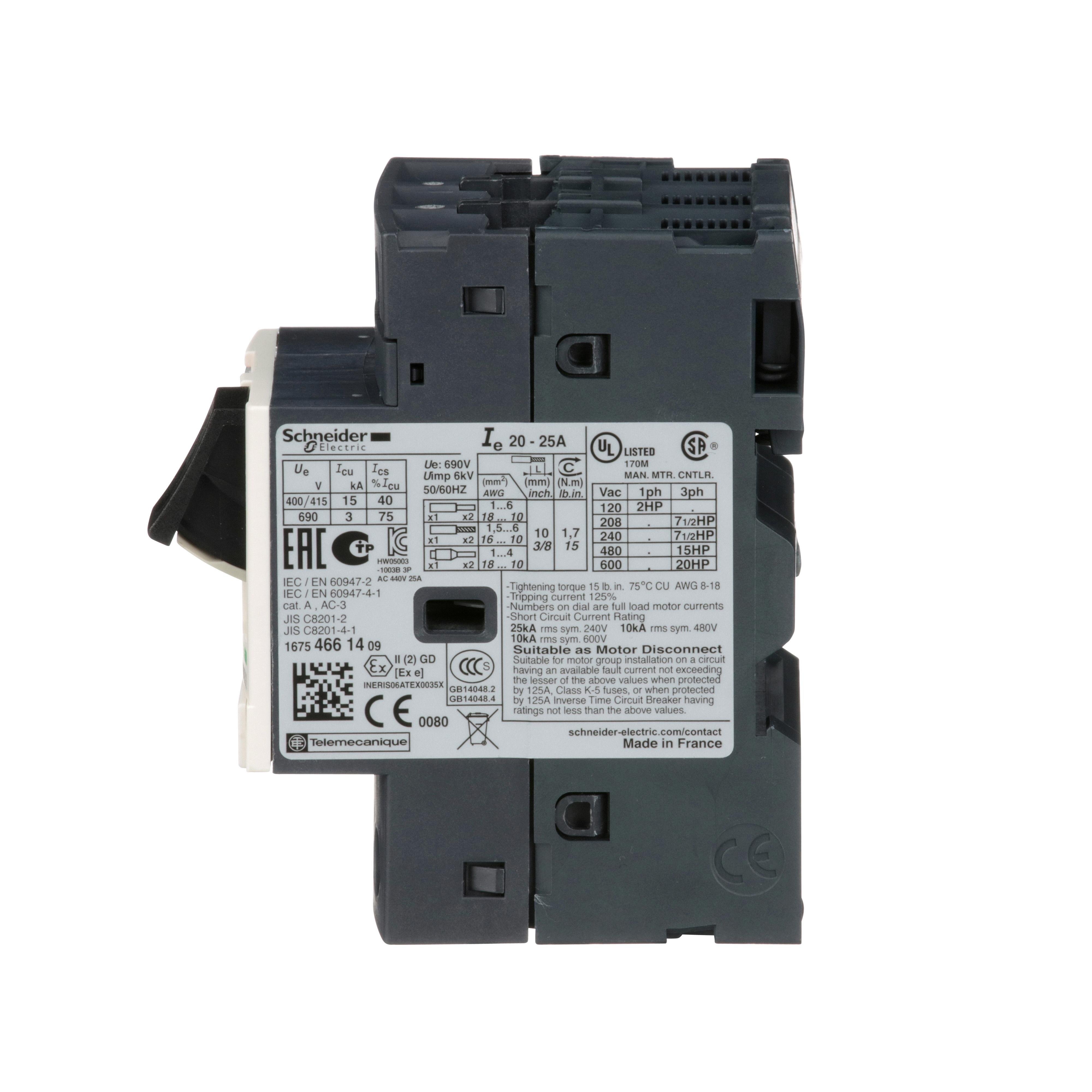 Picture of GV2ME22 - TeSys Deca Manual Starter and Protector, thermal magnetic circuit protector, push buttons, 20 to 25 A, screw clamp