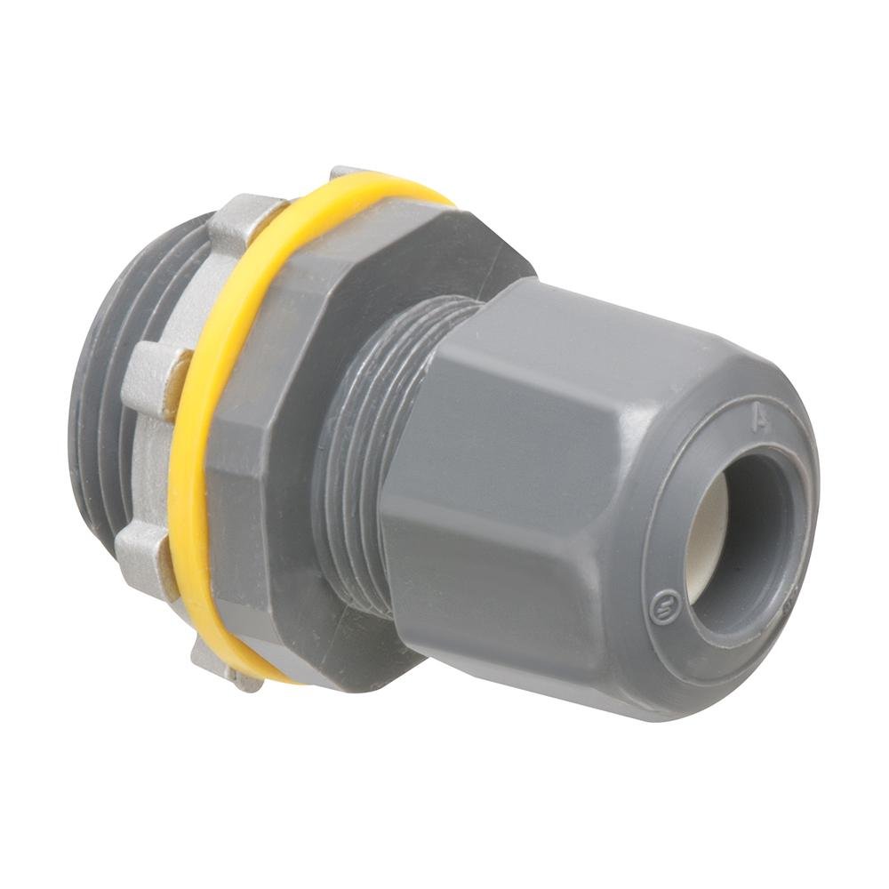 LPCG754 - Low-profile non-metallic, liquid-tight, oil-tight, and gray strain relief cord connector furnished with a sealing ring and locknut. Supports .240 to .472 cord range with a 3/4 inch trade size.