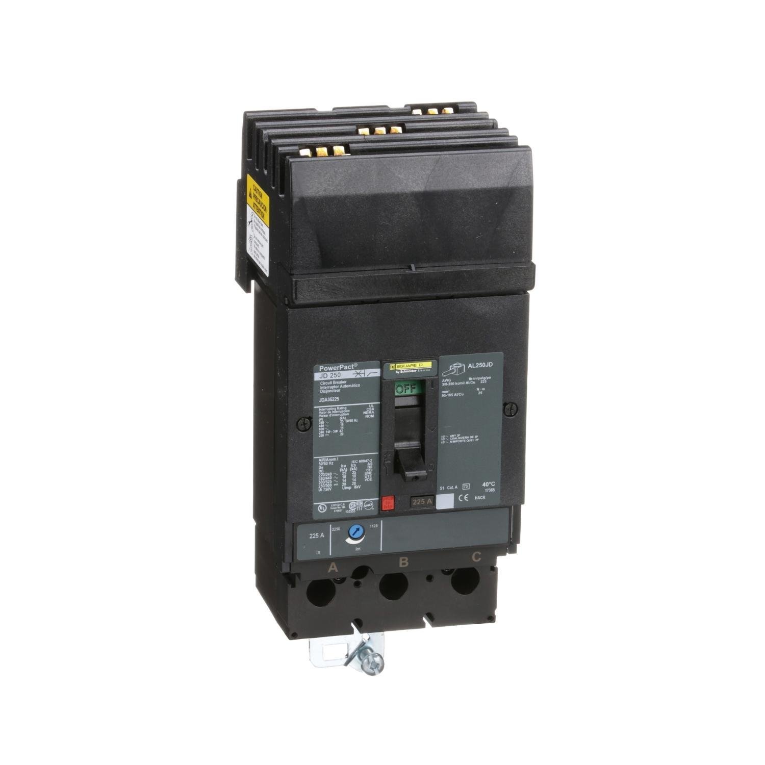 JDA36225 - Circuit breaker, PowerPacT J, 225A, 3 pole, 600VAC, 14kA, I-Line, thermal magnetic, 80%, ABC