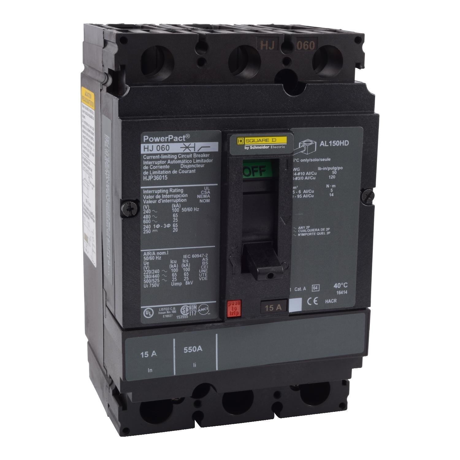 HJP36150 - Circuit breaker, PowerPacT H, 150A, 3 pole, 600VAC, 25kA, lugs, thermal magnetic, 80%
