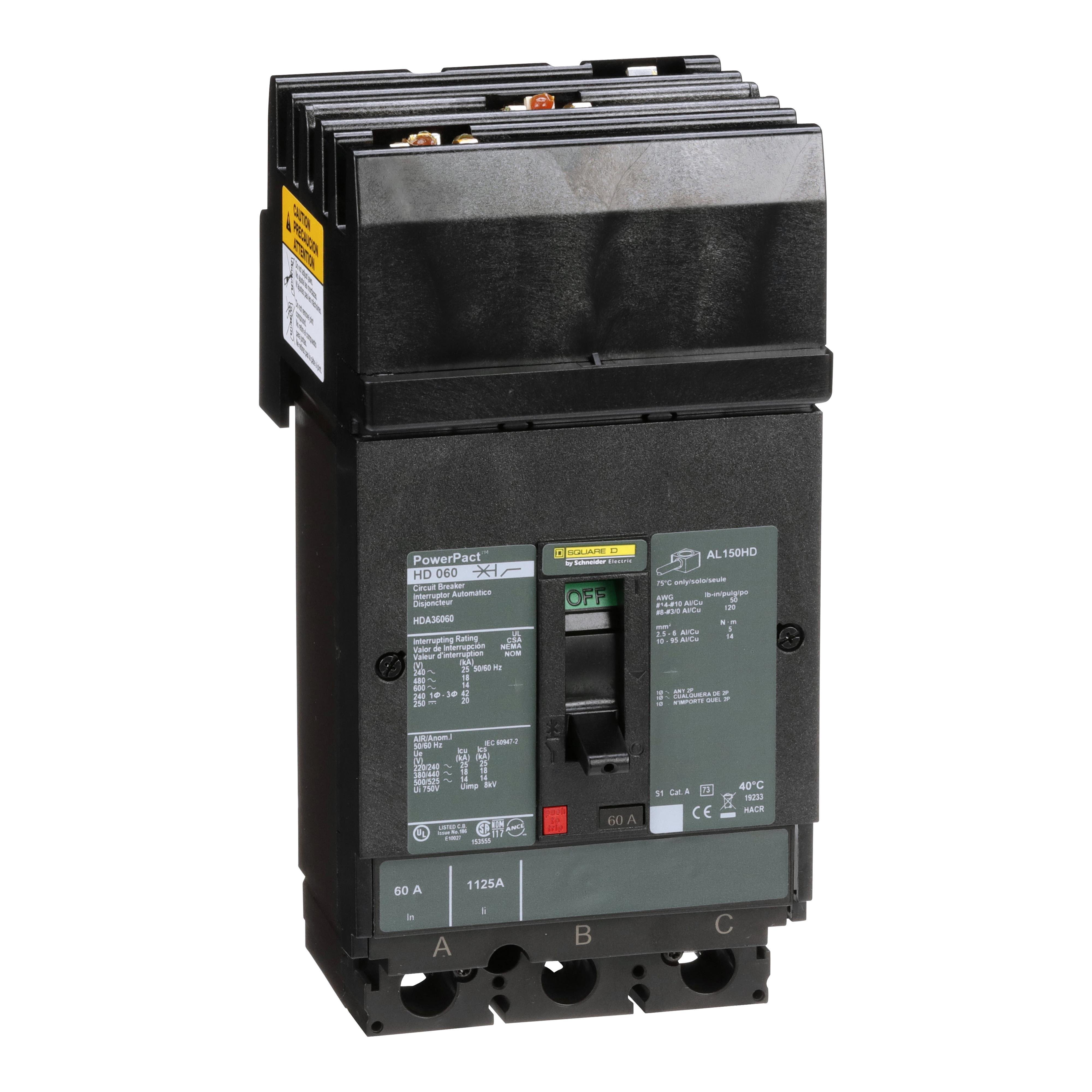 HDA36060 - Circuit breaker, PowerPacT H, 60A, 3 pole, 600VAC, 14kA, I-Line, thermal magnetic, 80%, ABC