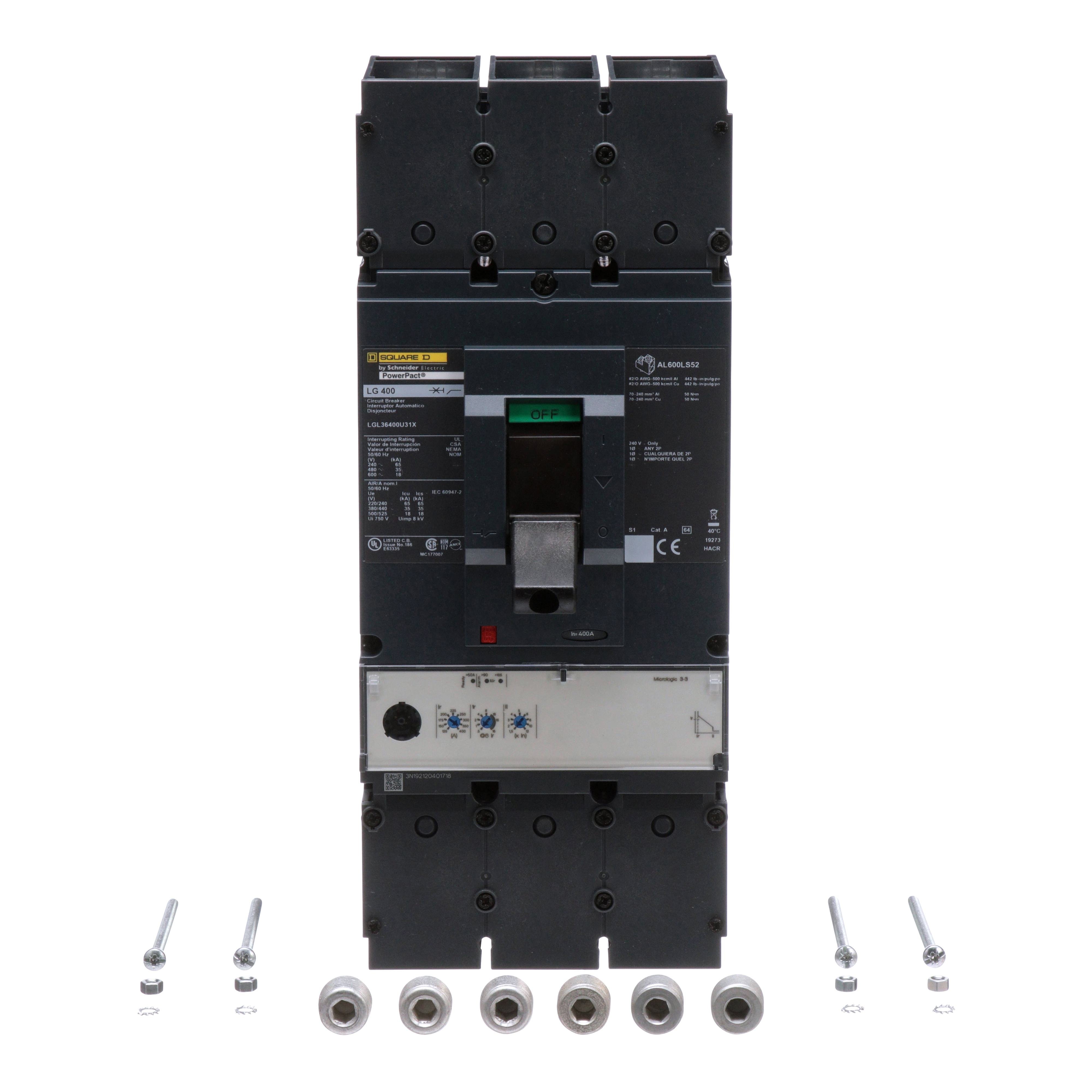 Picture of LGL36400U31X - Circuit breaker, PowerPacT L, 400A, 3 pole, 600VAC, 18kA, lugs, MicroLogic 3.3, 80%