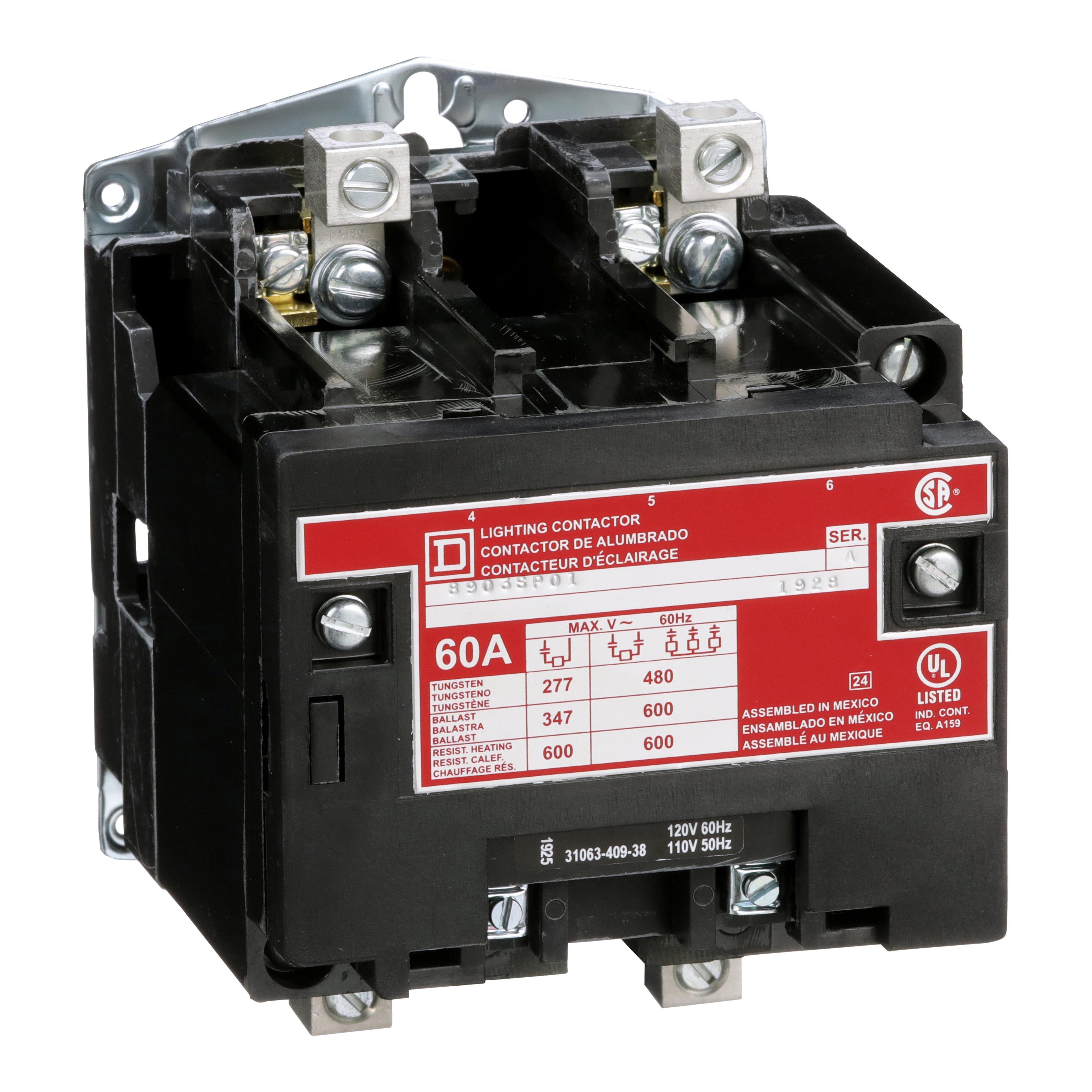 8903SPO1V02 - Contactor, Type S, multipole lighting, electrically held, 60A, 2 pole, 110/120VAC 50/60Hz coil, open style [TAA]