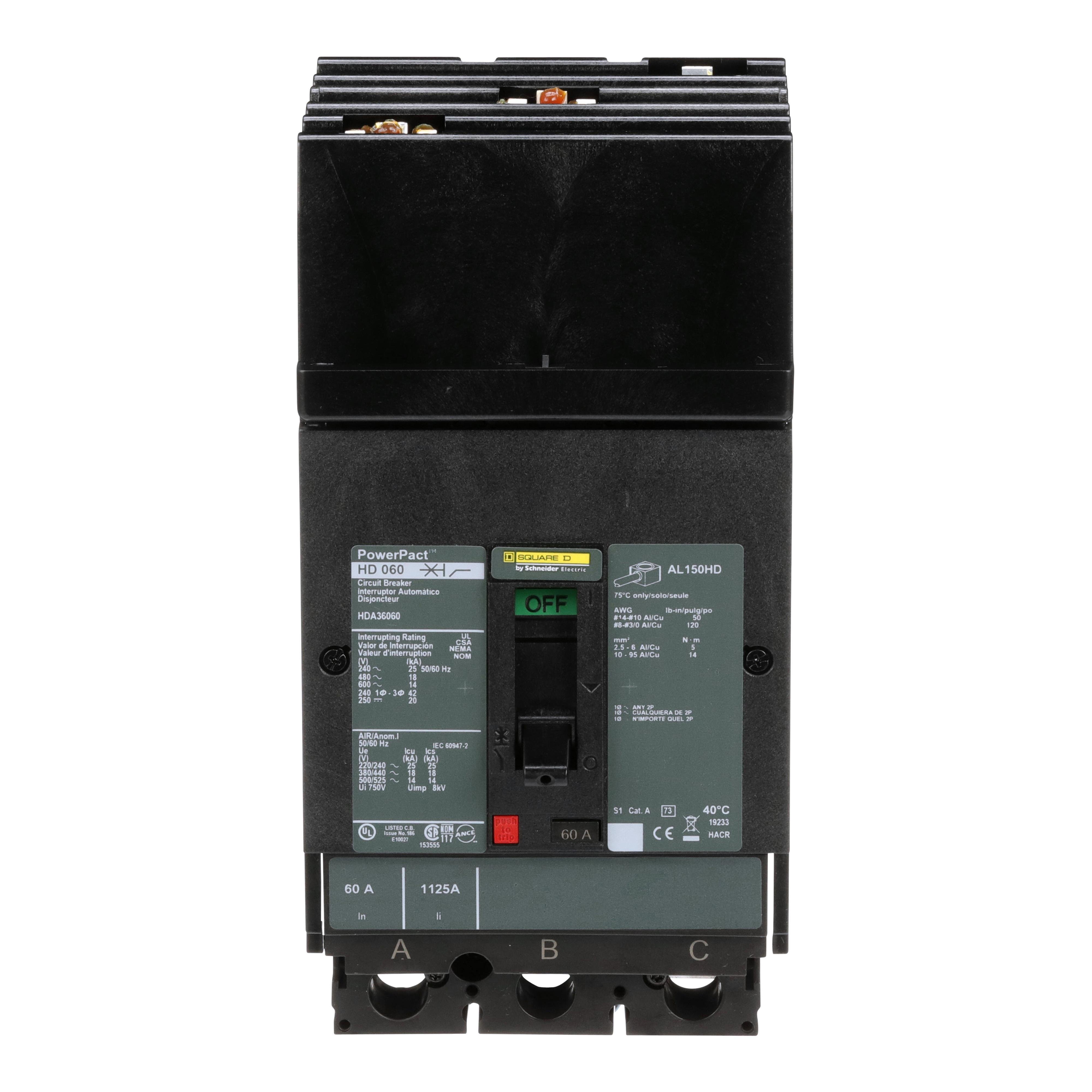 Picture of HDA36060 - Circuit breaker, PowerPacT H, 60A, 3 pole, 600VAC, 14kA, I-Line, thermal magnetic, 80%, ABC