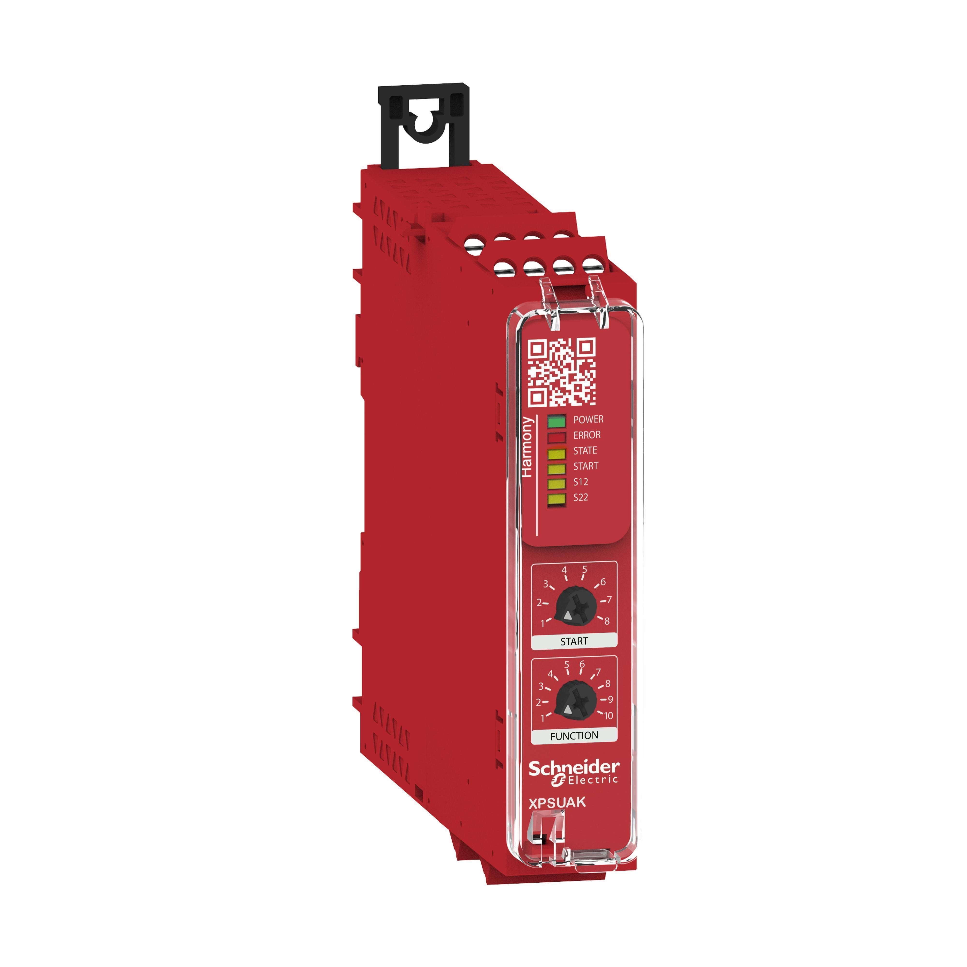Picture of XPSUAK12AP - safety module, Harmony XPSU, Cat 4, features XPSUAF with PNP or NPN, safety mat, 24V AC or DC, screw