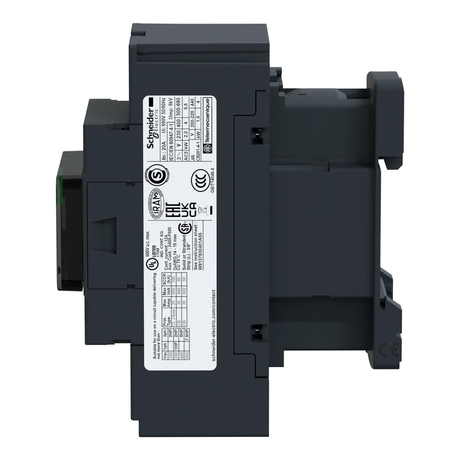 LC1D093BD - IEC contactor, TeSys Deca, nonreversing, 9A, 5HP at 480VAC, 3 phase, 3 pole, 3 NO, 24VDC coil, open style