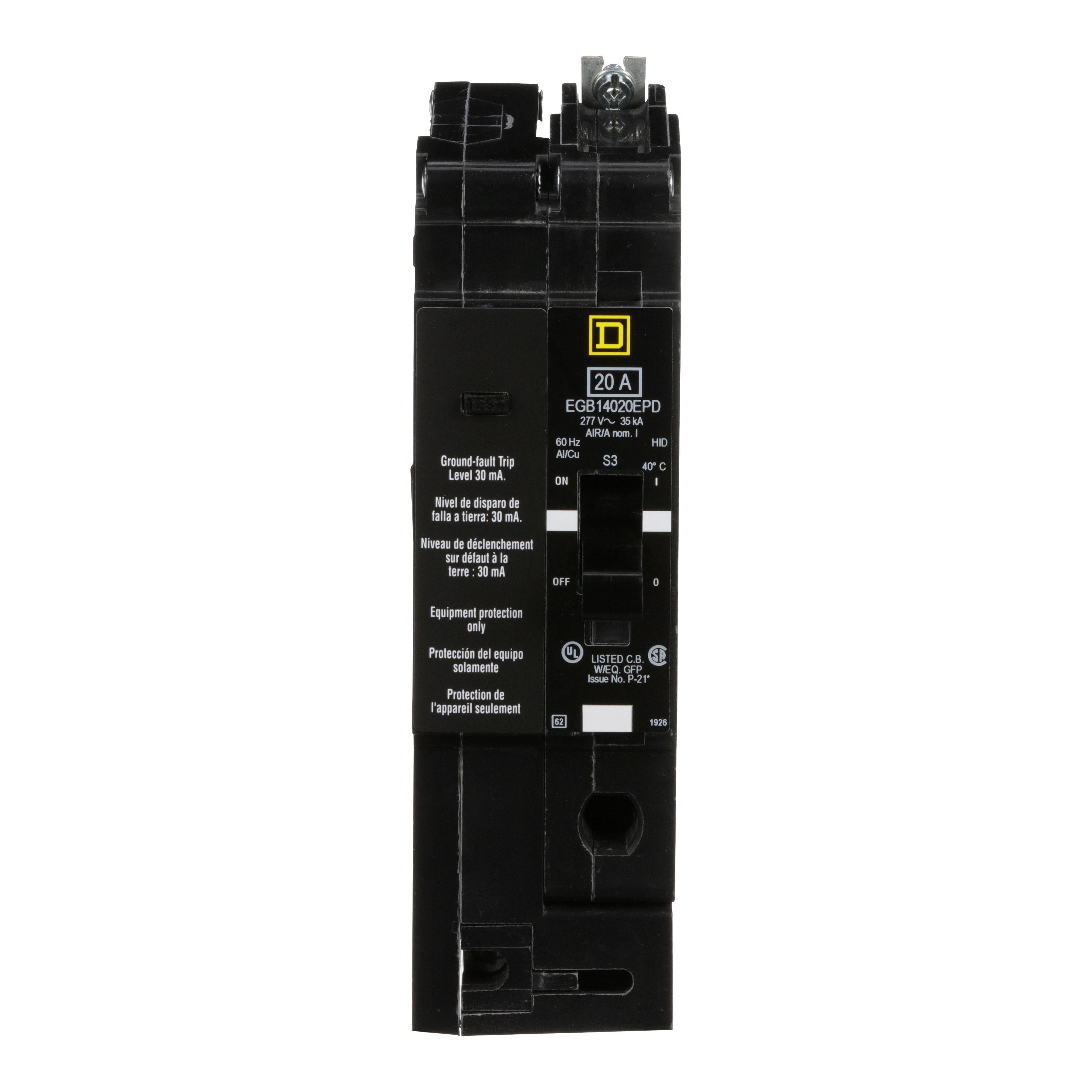 EGB14020EPD - Mini circuit breaker, E-Frame, 20A, 1 pole, 277VAC, 65kA max, bolt on, 30mA ground fault protection [TAA]