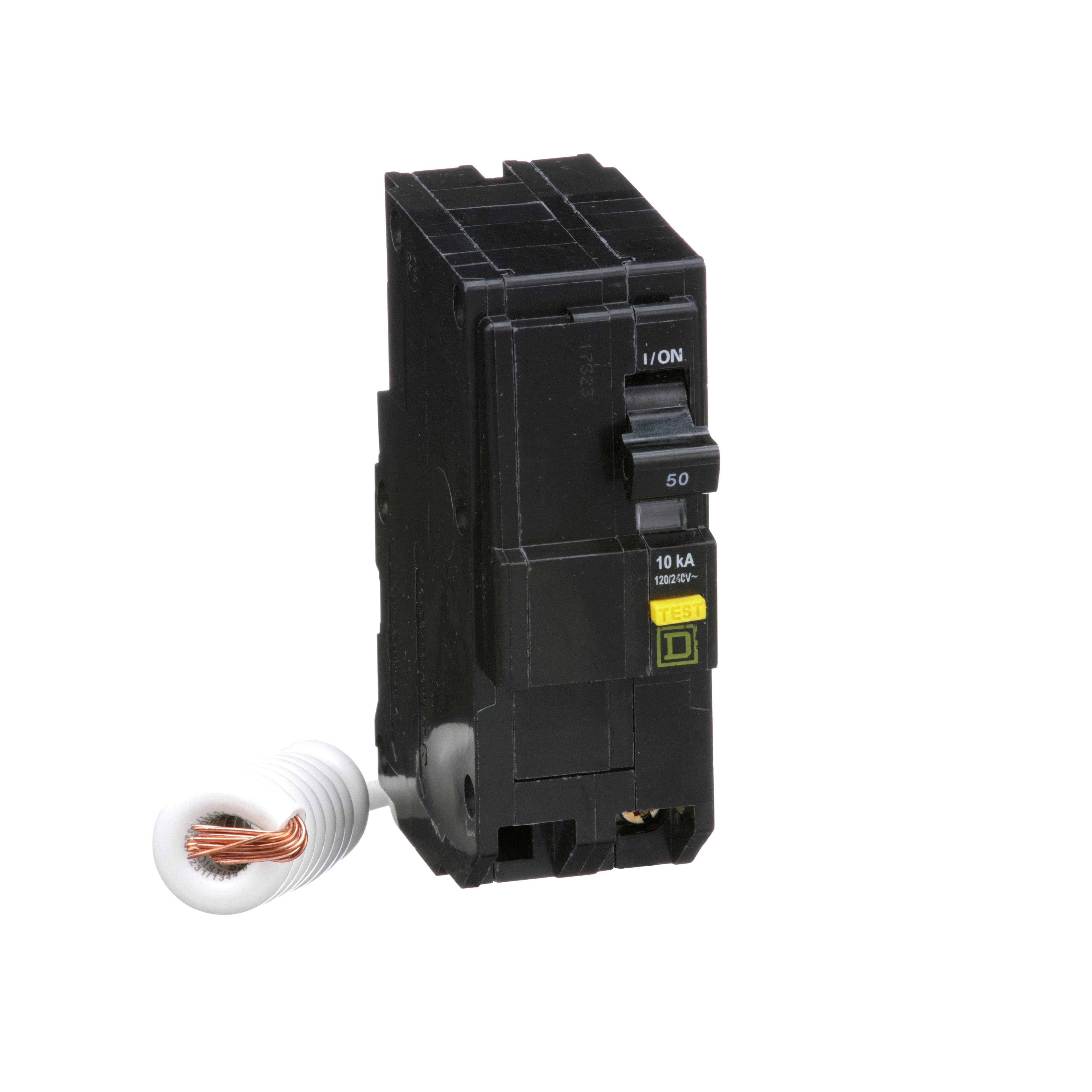 Picture of QO250GFI - [TAA] Mini circuit breaker, QO, 50A, 2 pole, 120/240VAC, 10kA, plug in, 6mA grd fault A, pigtail