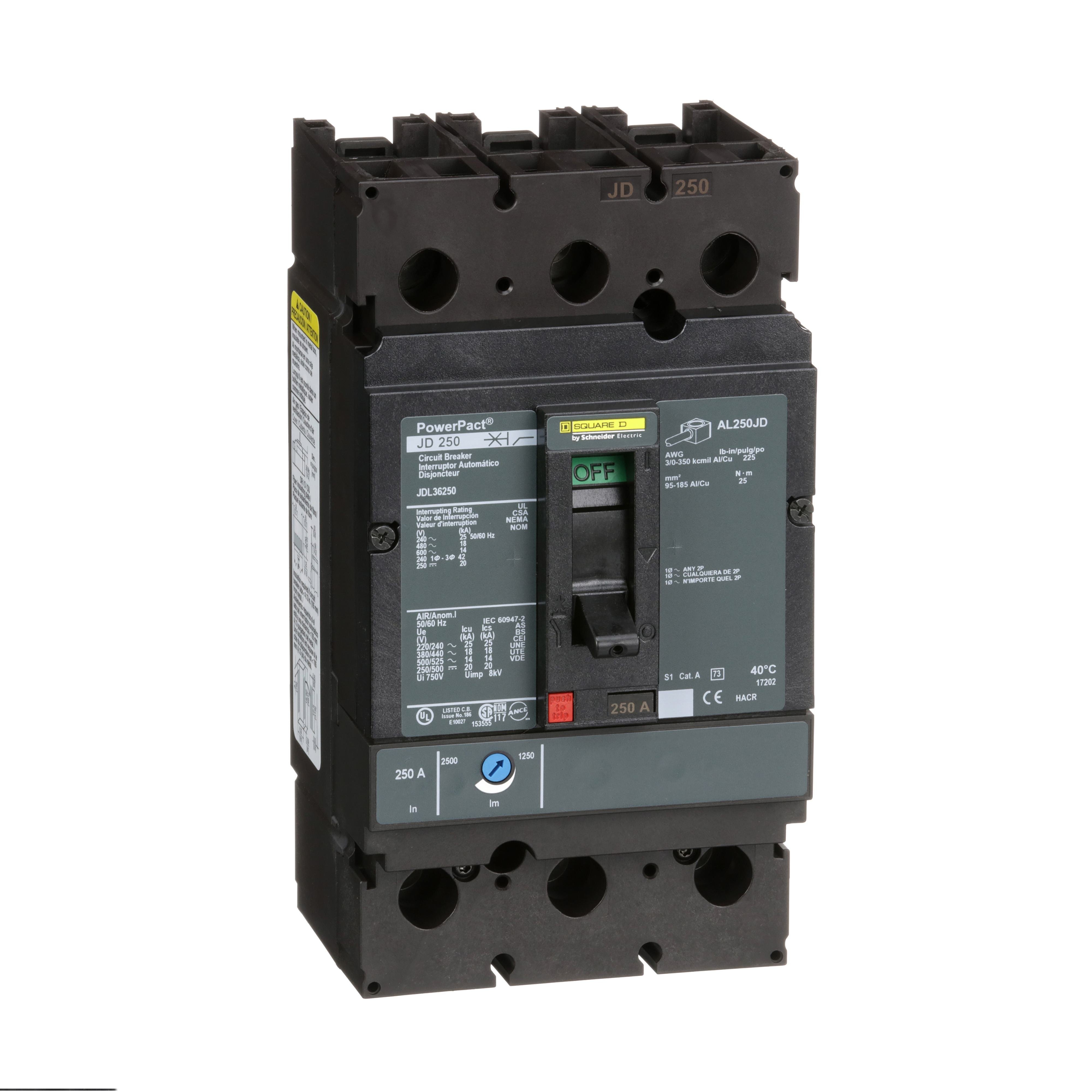 JDL36250 - Circuit breaker, PowerPacT J, 250A, 3 pole, 600VAC, 14kA, lugs, thermal magnetic, 80%