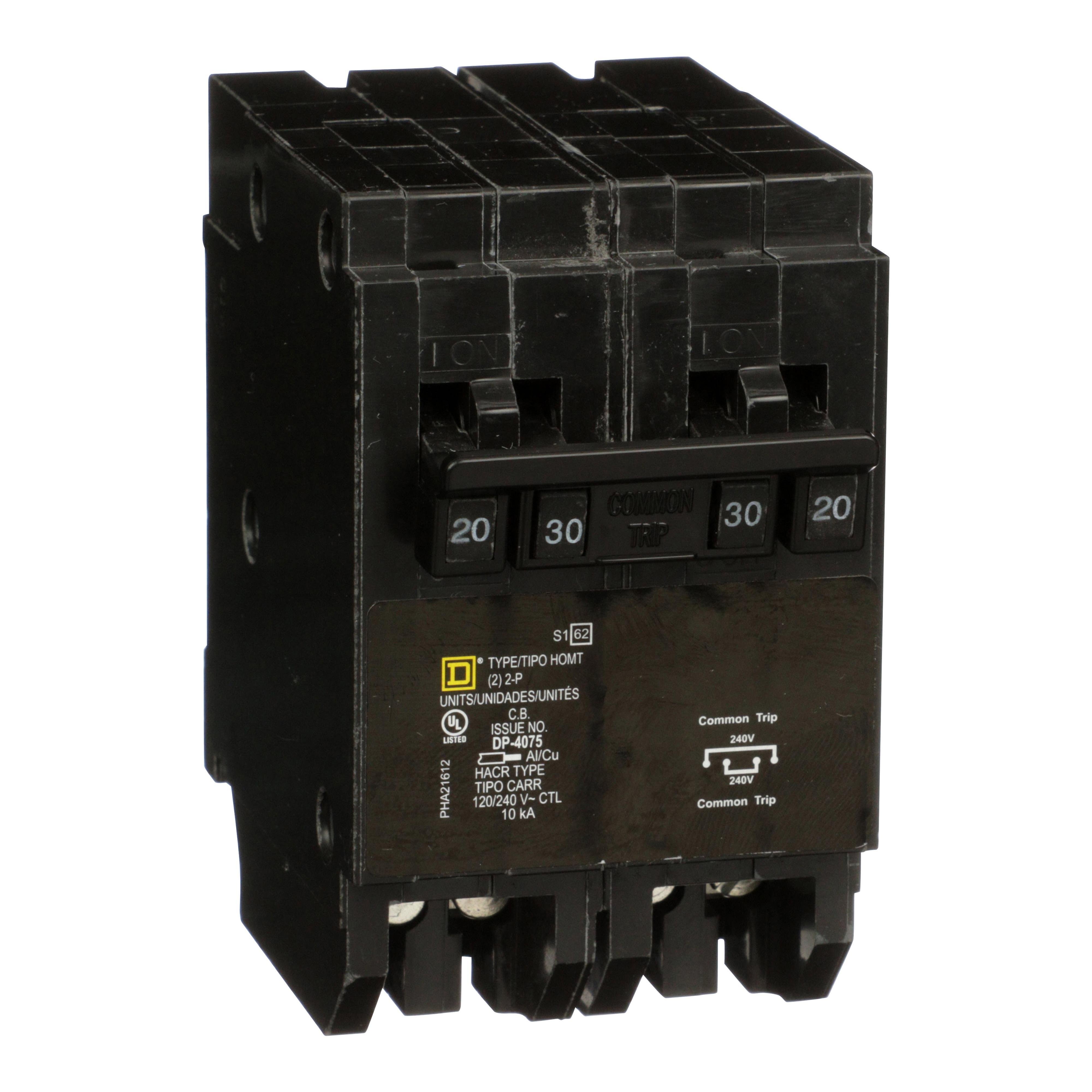 HOMT220230 - Quad tandem circuit breaker, Homeline, 1 x 2 pole at 20A, 1 x 2 pole at 30A, 120/240 V, 10kA AIR, plug in, UL
