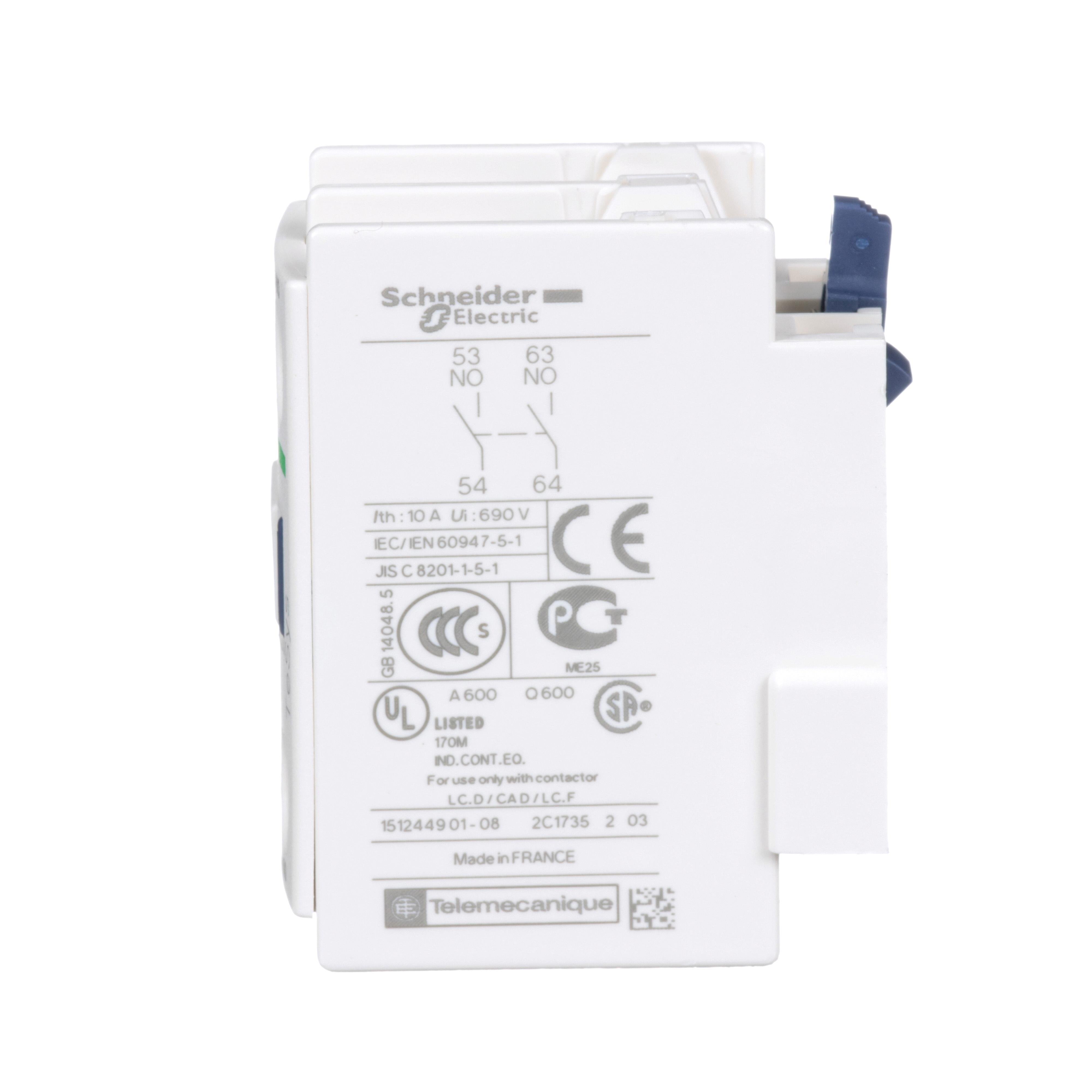 Picture of LADN20 - TeSys Deca, auxiliary contact block, 2 NO, top mount, screw clamp terminals, for LC1D09 to LC1D150 contactors