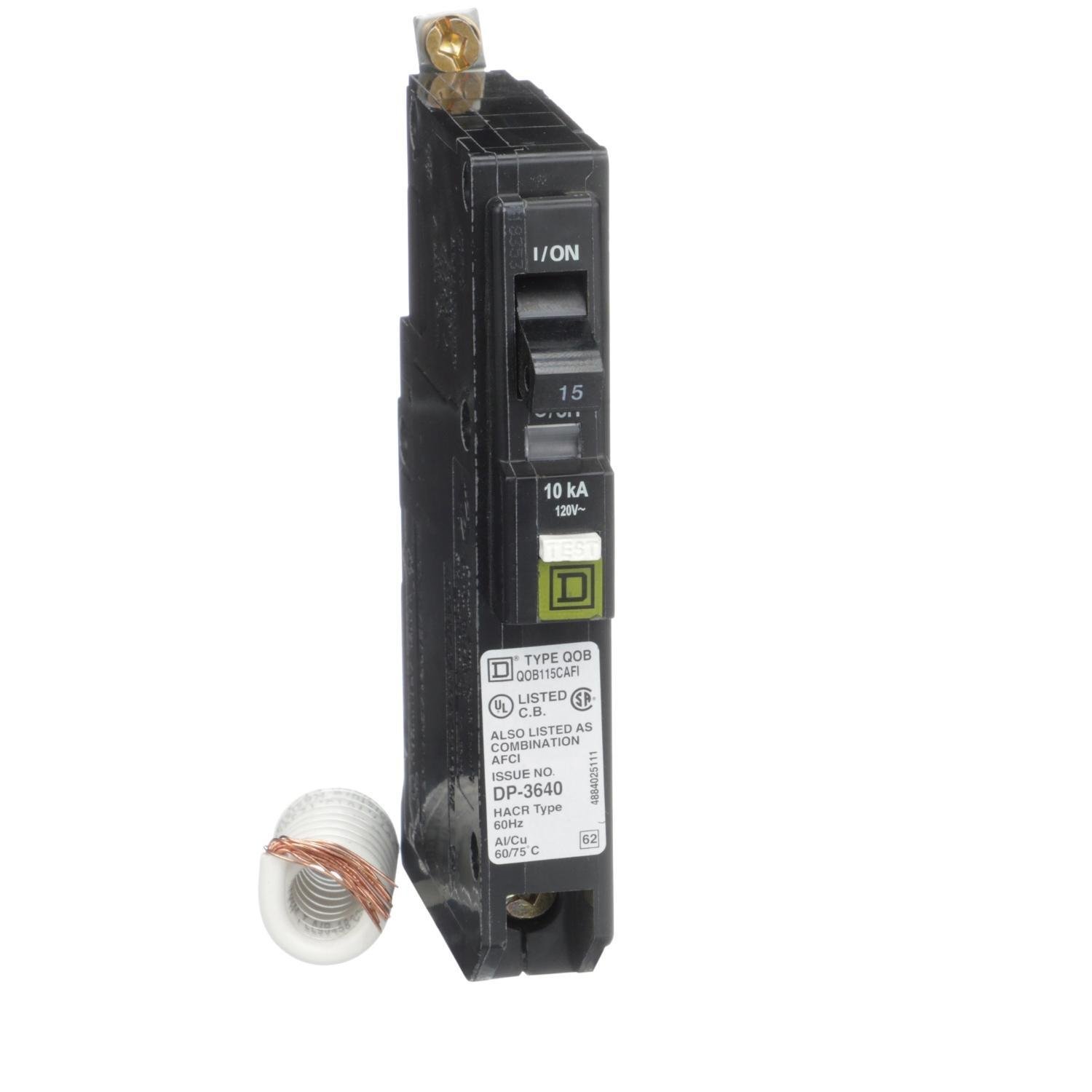 QOB115CAFI - [TAA] Mini circuit breaker, QO, 15A, 1 pole, 120VAC, 10kA, bolt on, combo ARC fault, pigtail