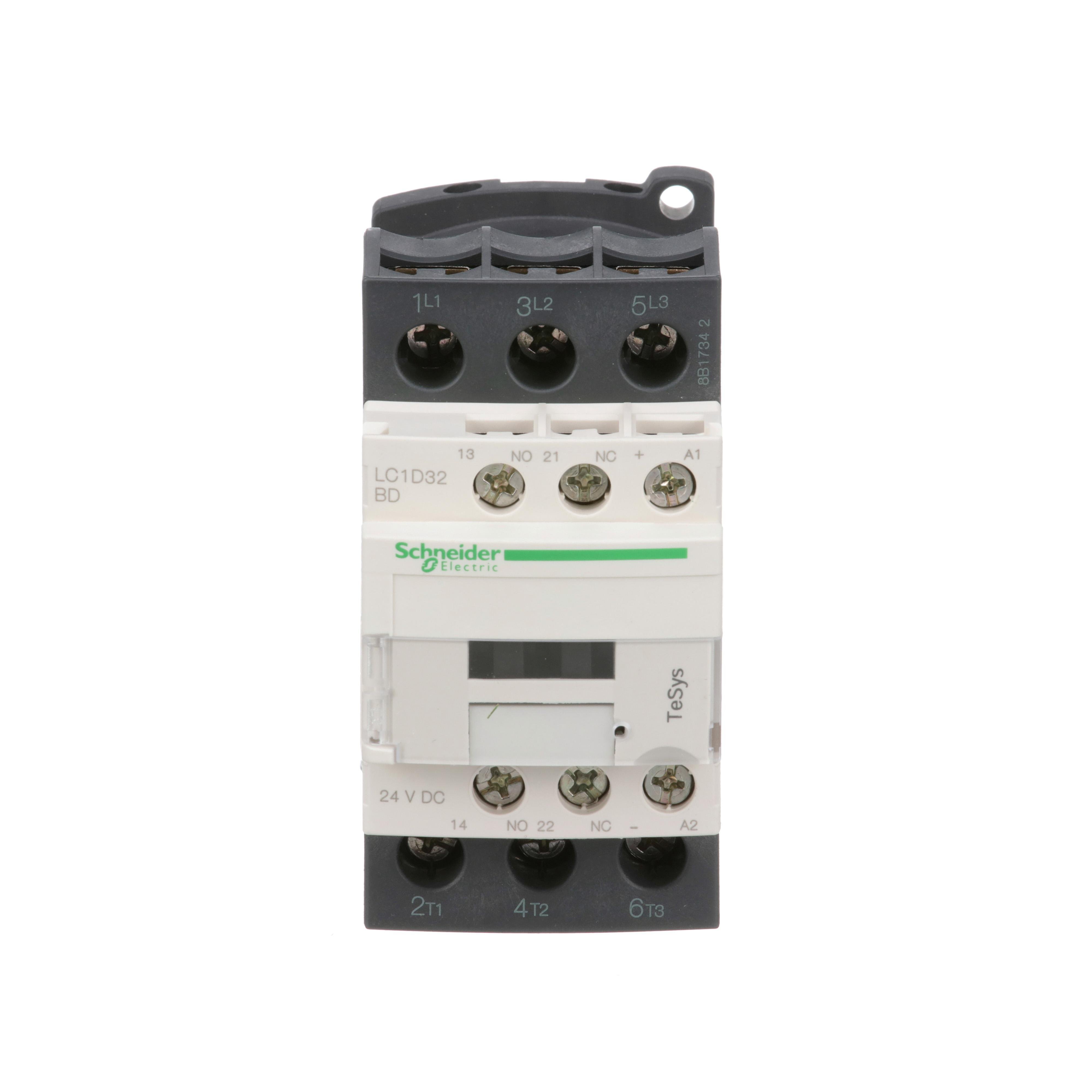 LC1D32BD - IEC contactor, TeSys Deca, nonreversing, 32A, 20HP at 480VAC, up to 100kA SCCR, 3 phase, 3 NO, 24VDC coil, open style