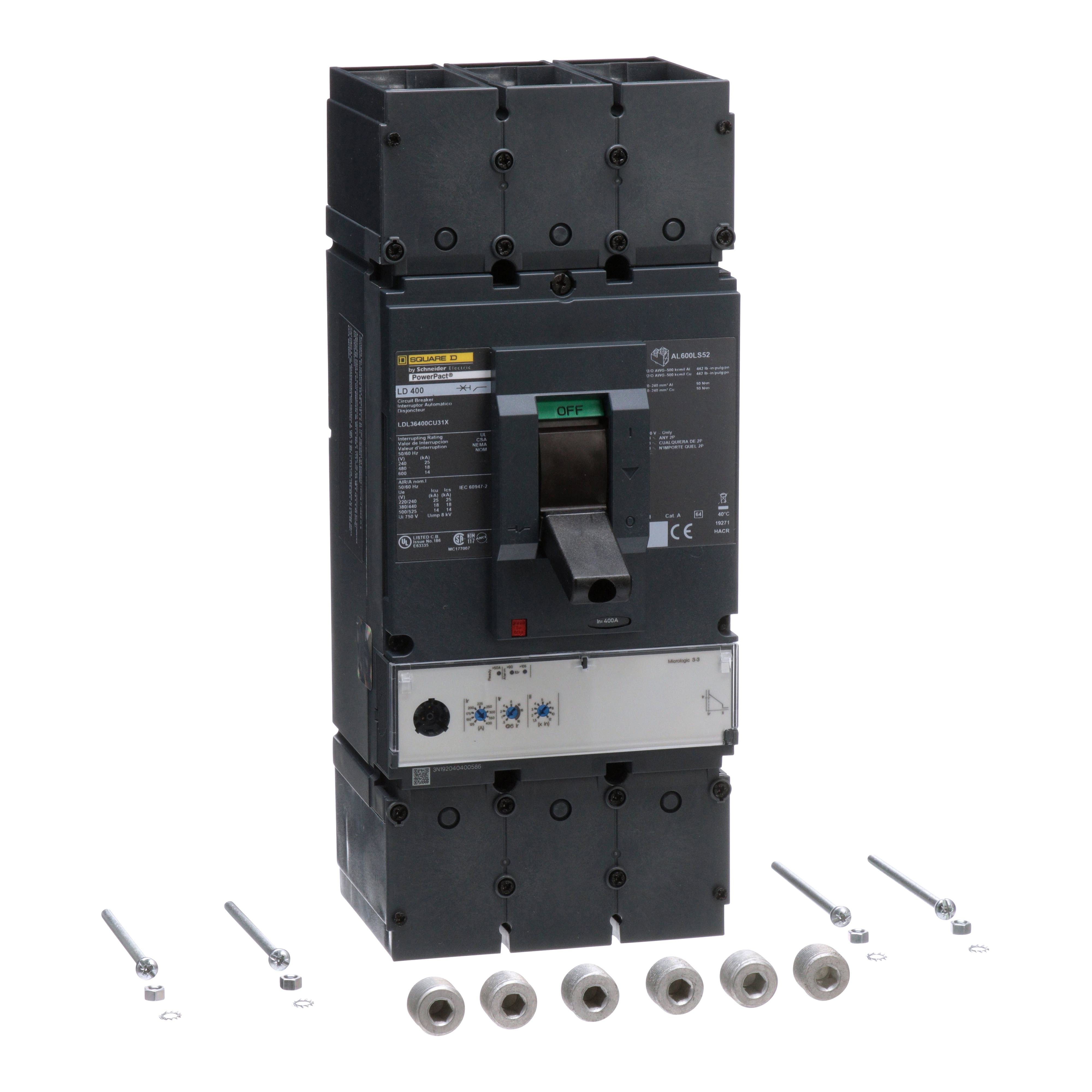 LDL36400CU31X - Circuit breaker, PowerPacT L, 400A, 3 pole, 600VAC, 14kA, lugs, MicroLogic 3.3, 100%
