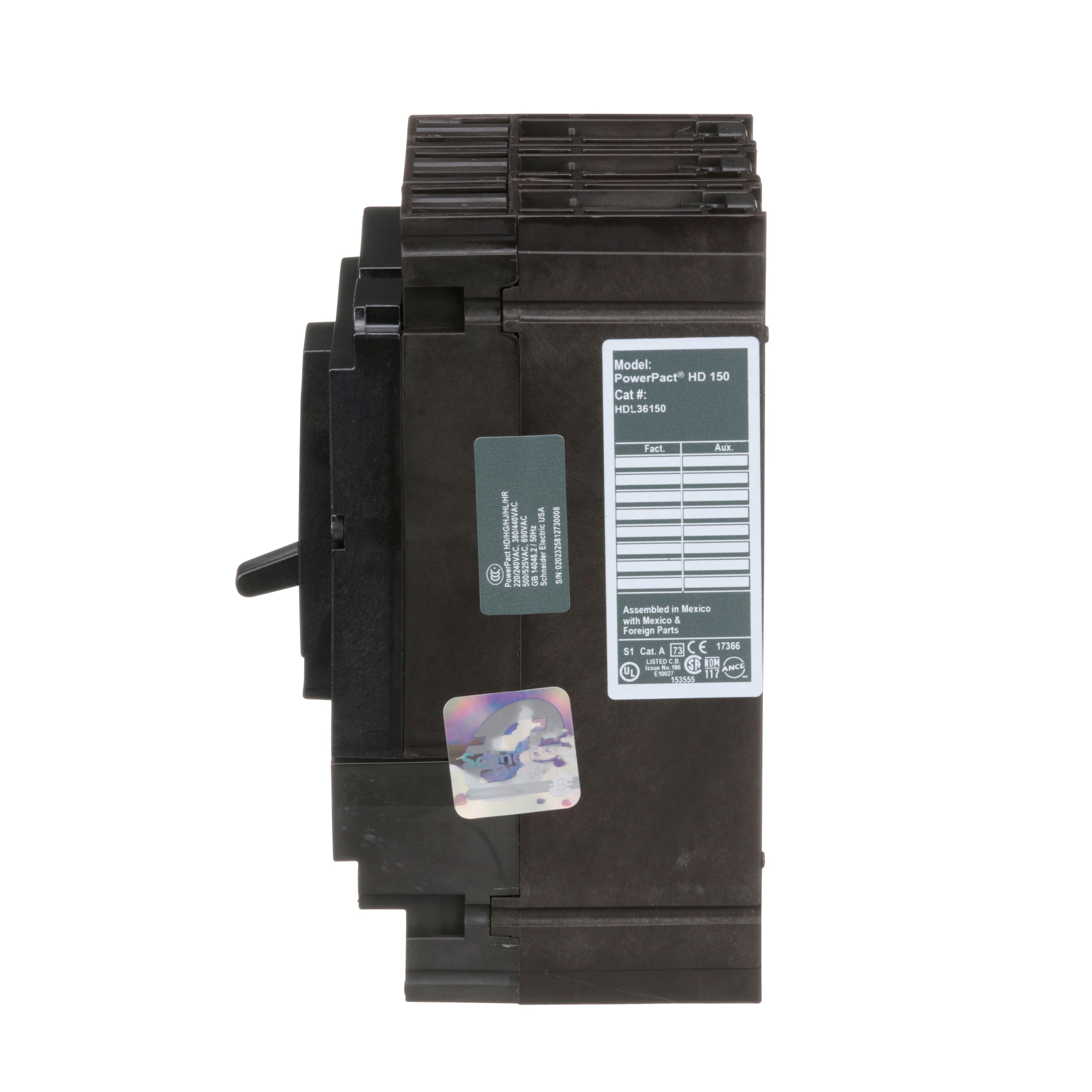 Picture of HDL36150 - Circuit breaker, PowerPacT H, 150A, 3 pole, 600VAC, 14kA, lugs, thermal magnetic, 80%