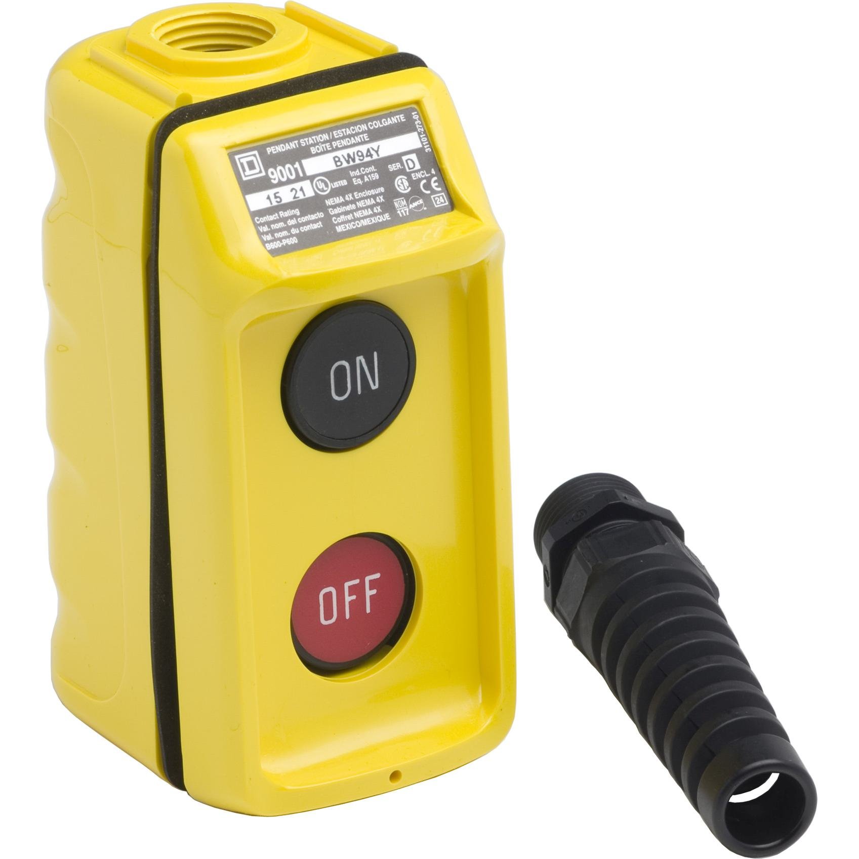 9001BW94Y - Pendant station, Harmony 9001B, mechanical interlock, yellow, single speed, 5A, 600V AC, marked On-Off legend