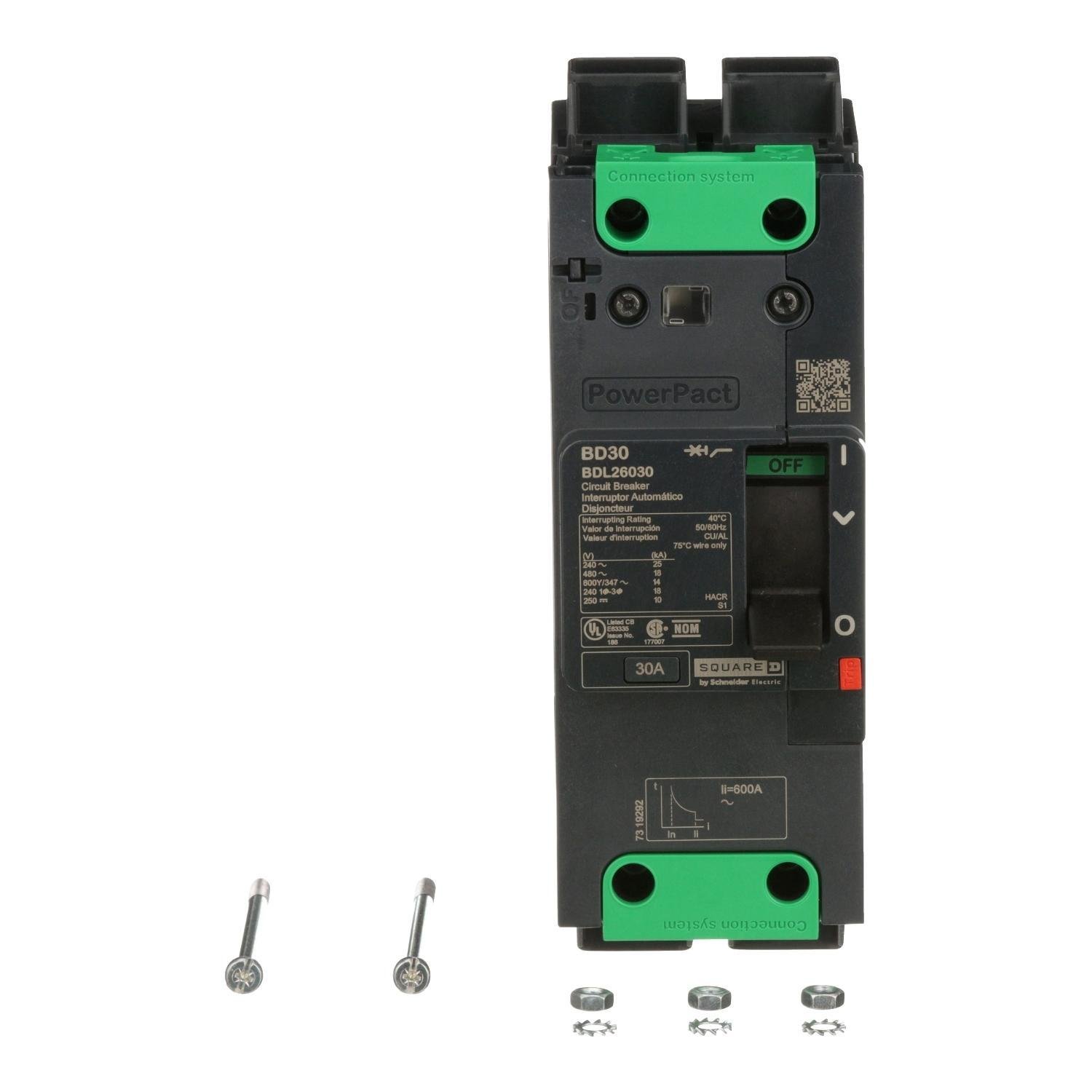 Picture of BDL26030 - Circuit breaker, PowerPacT B, 30A, 2 pole, 600Y/347VAC, 14kA, lugs, thermal magnetic, 80%
