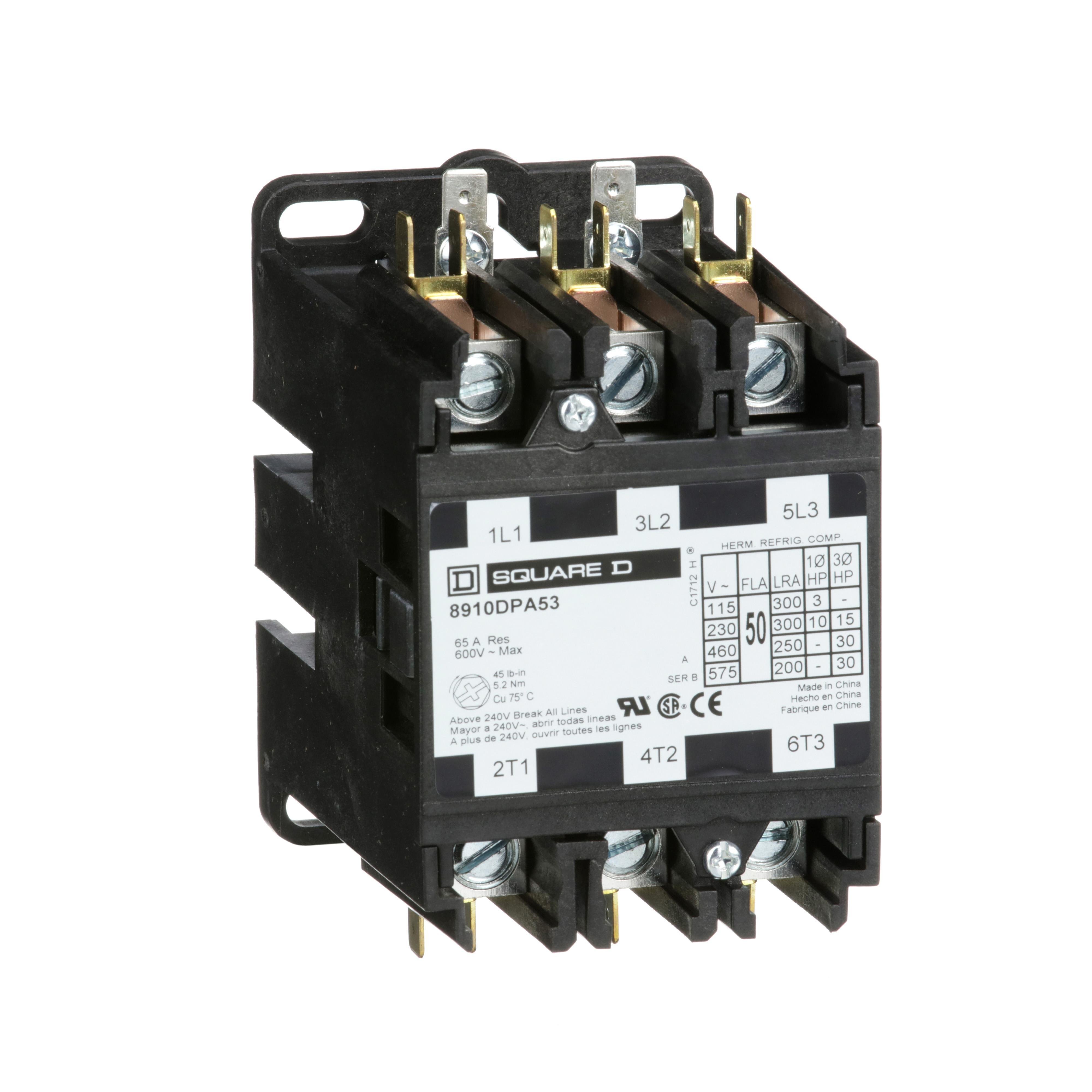 Picture of 8910DPA53V02 - Contactor, Definite Purpose, 50A, 3 pole, 30HP at 575VAC, 3 phase, 110/120VAC 50/60Hz coil, open