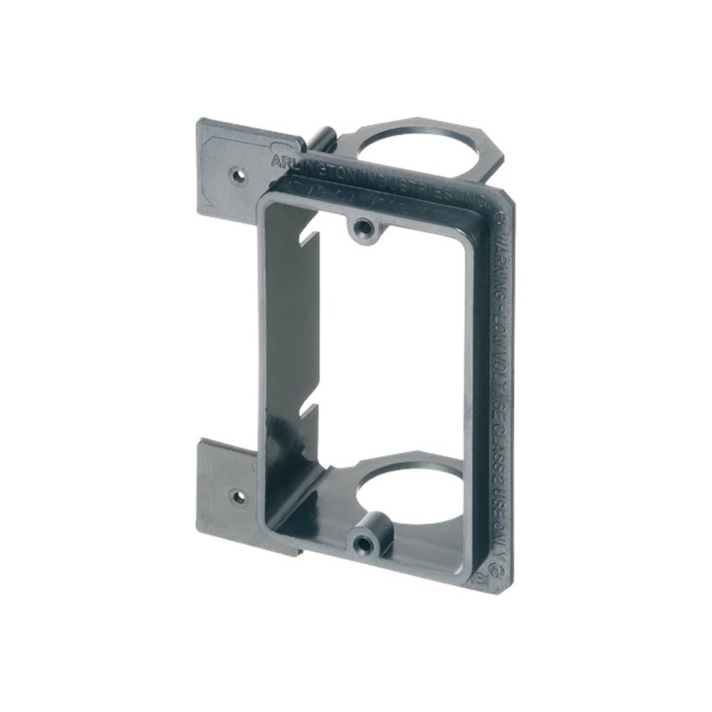 LVMB1 - Low voltage bracket for new construction. Mounts vertical on wood or metal studs. Non Metallic. Single Gang. For class 2 low voltage wiring. Built in 3/4" Knockout.