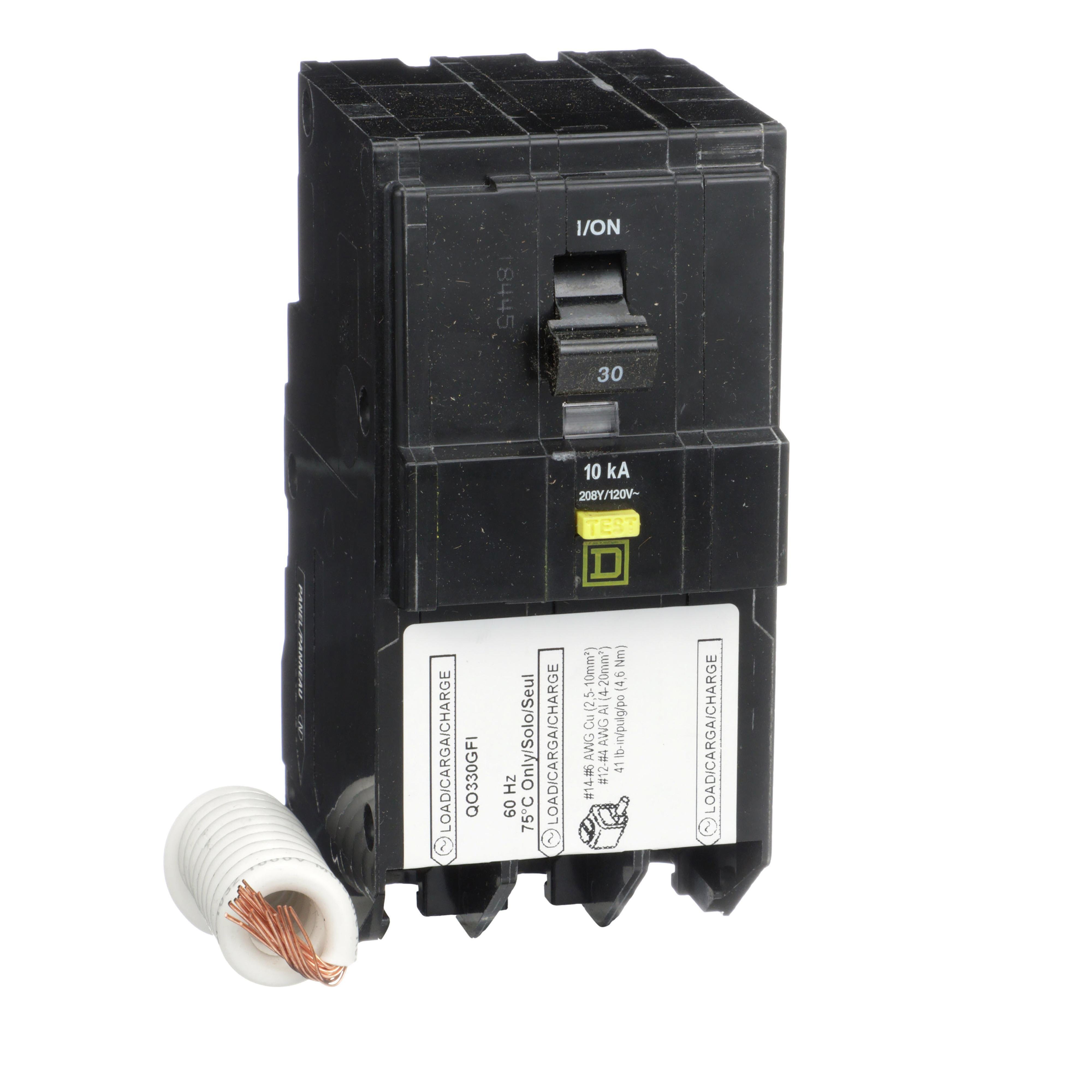 QO330GFI - Mini circuit breaker, QO, 30A, 3 pole, 208Y/120VAC, 10kA, plug in, 6mA grd fault A, pigtail [TAA]