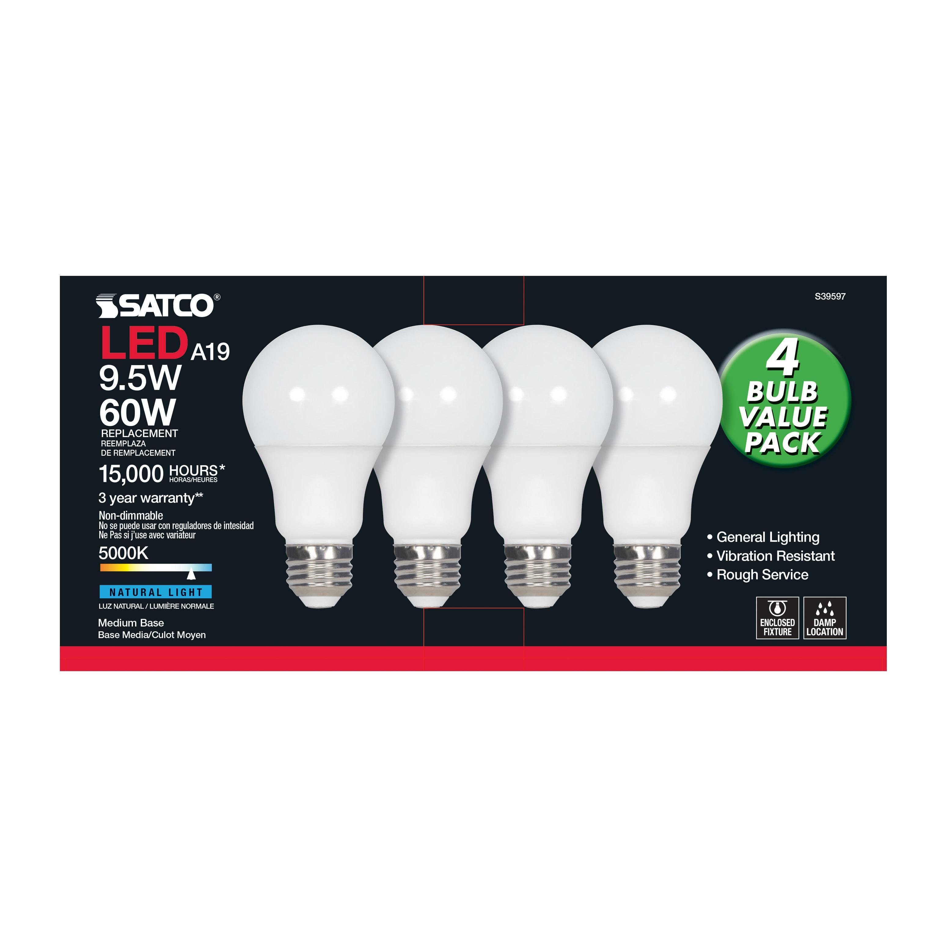 Picture of S39597 - 9.5 Watt - A19 LED - Frost - 5000K - Medium base - 220 deg. Beam Angle - 120 Volt - Non-Dimmable - 4-Pack