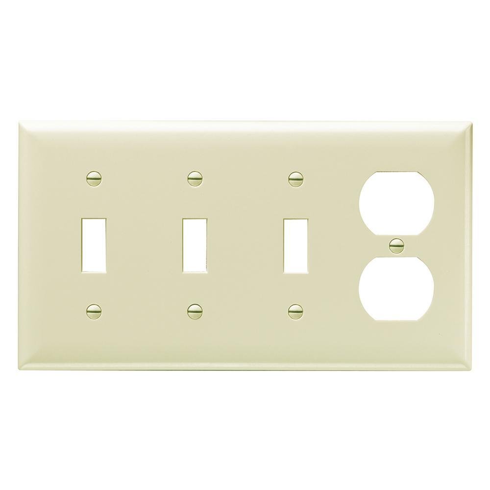 SP38-I - 4-Gang Thermoset Wall Plate, 3 Toggle Switch, 1 Duplex Receptacle, Ivory