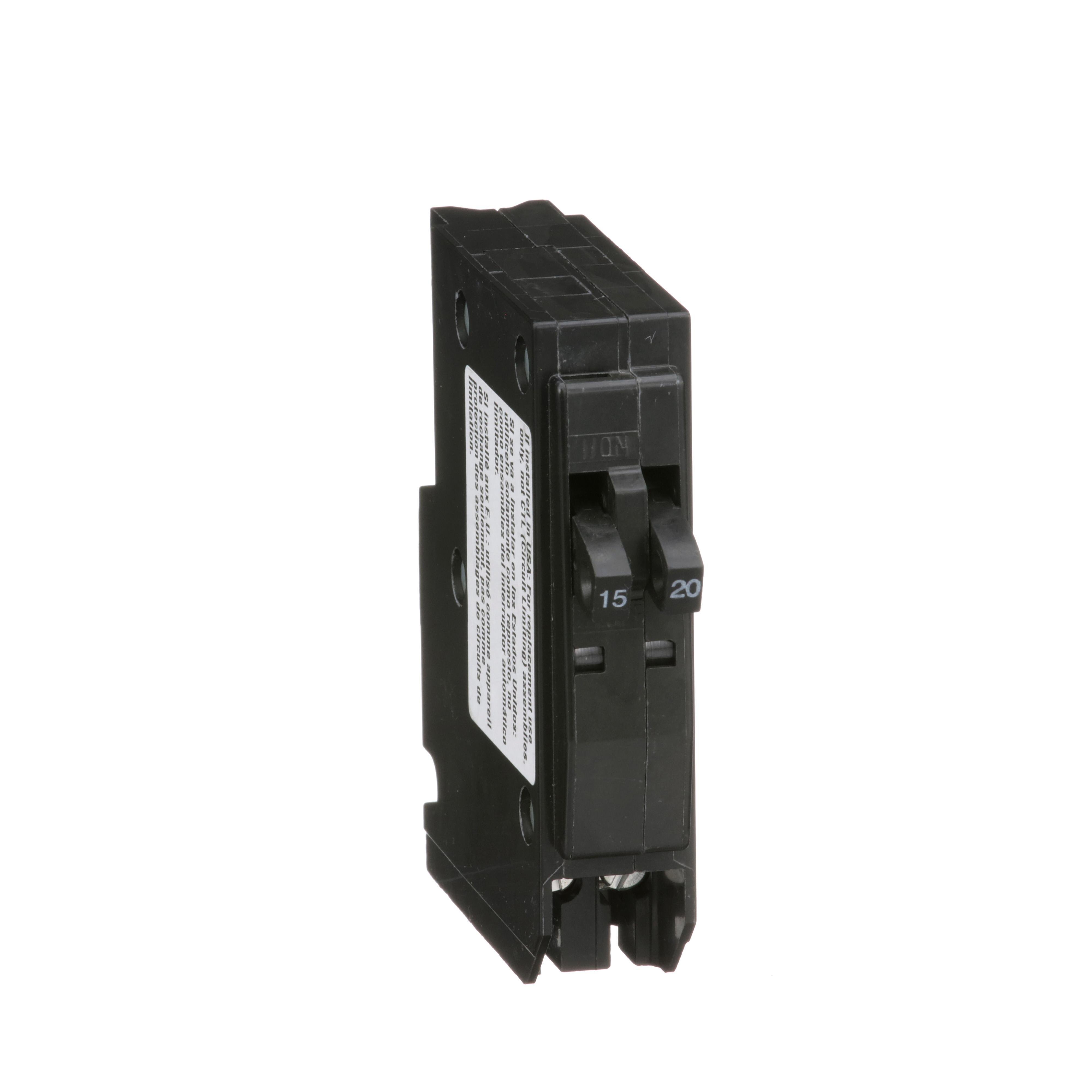 QO1520 - Tandem mini circuit breaker, QO, 1 x 1 pole at 15A, 1 x 1 pole at 20A, 120/240VAC, 10kA, plug in