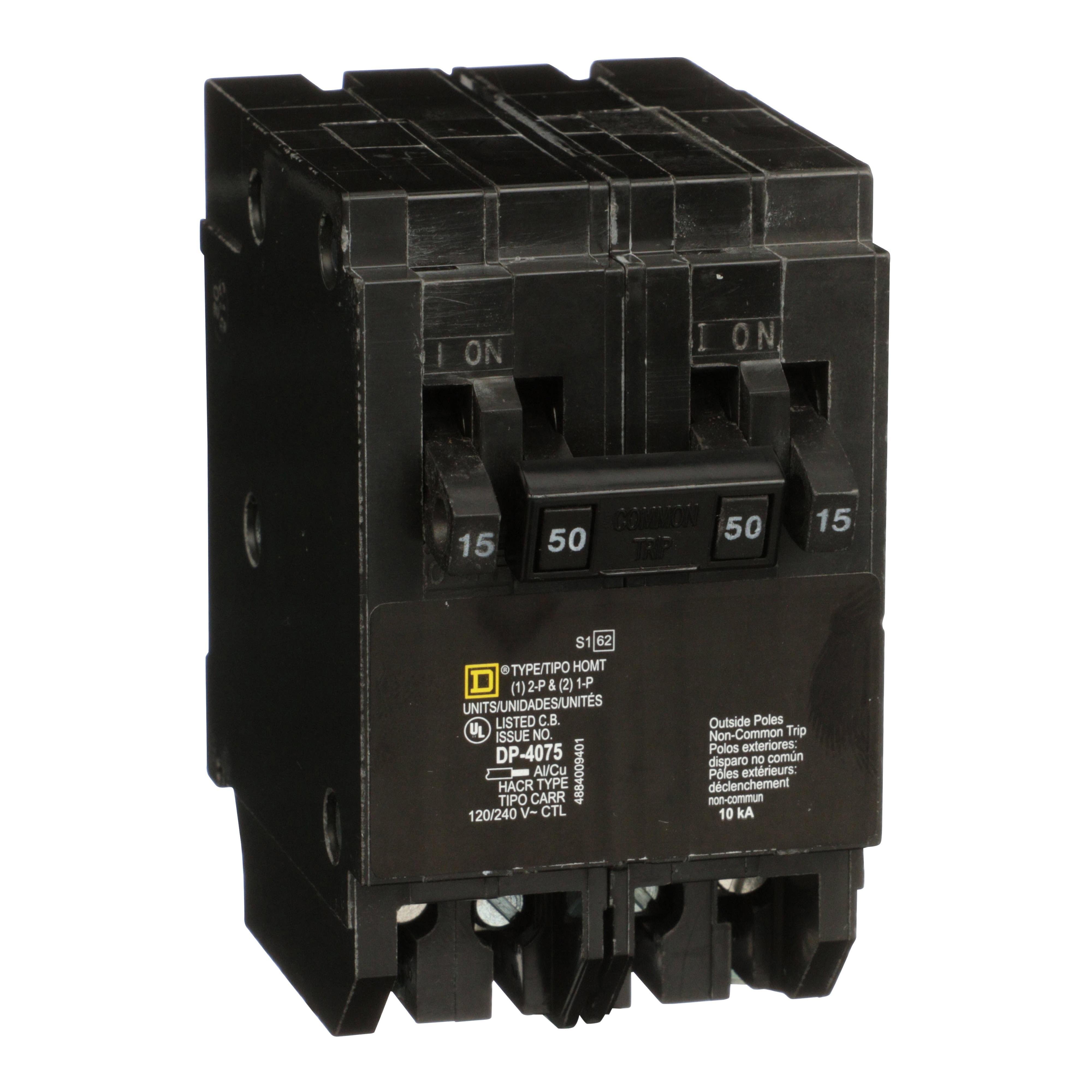 HOMT1515250 - Tandem circuit breaker, Homeline, 2 x 1 pole at 15A, 1 x 2 pole at 50A, 120/240VAC, 10kA AIR, plug in, UL