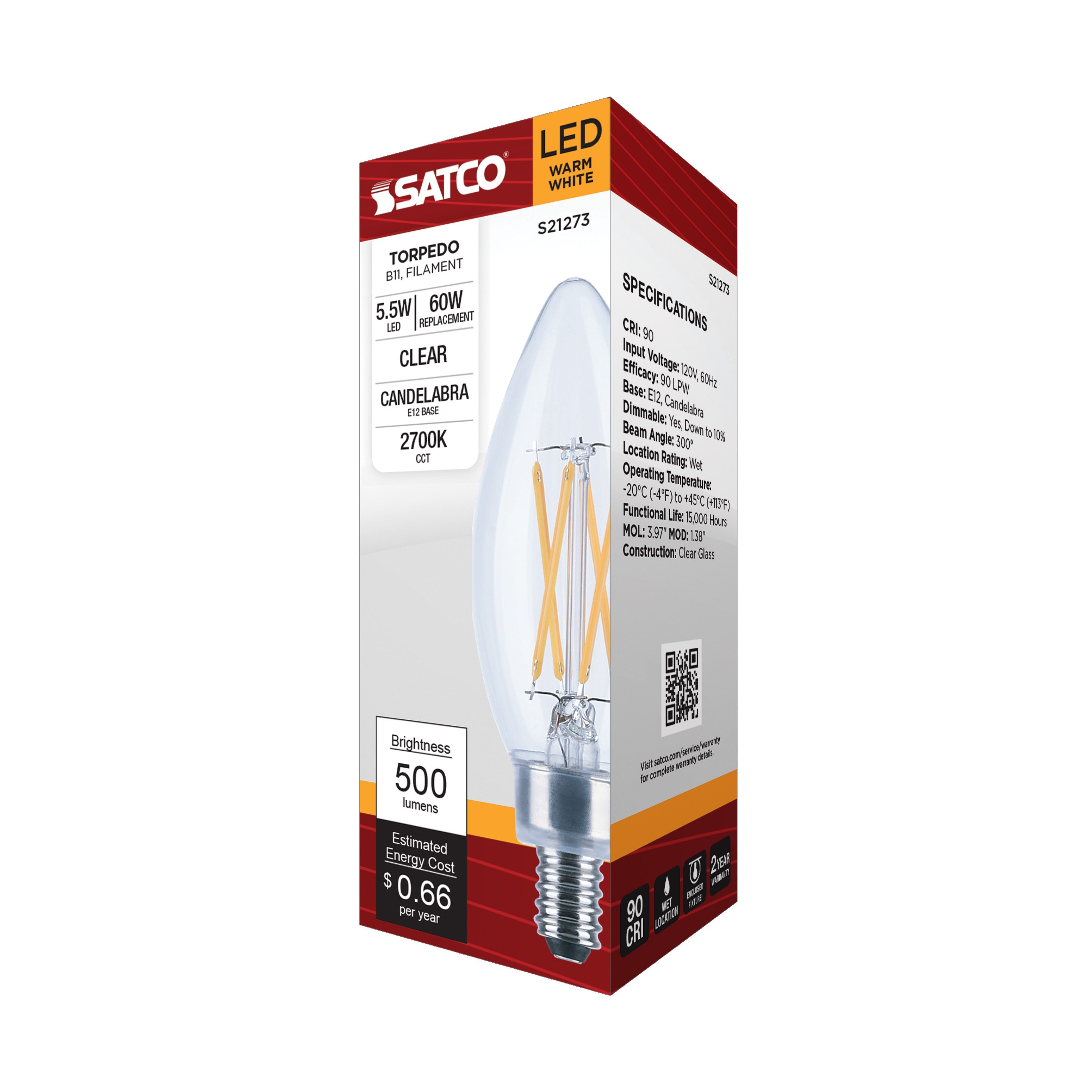 Picture of S21273 - 5.5 Watt B11 LED - Clear - Candelabra base - 90 CRI - 2700K - 120 Volt