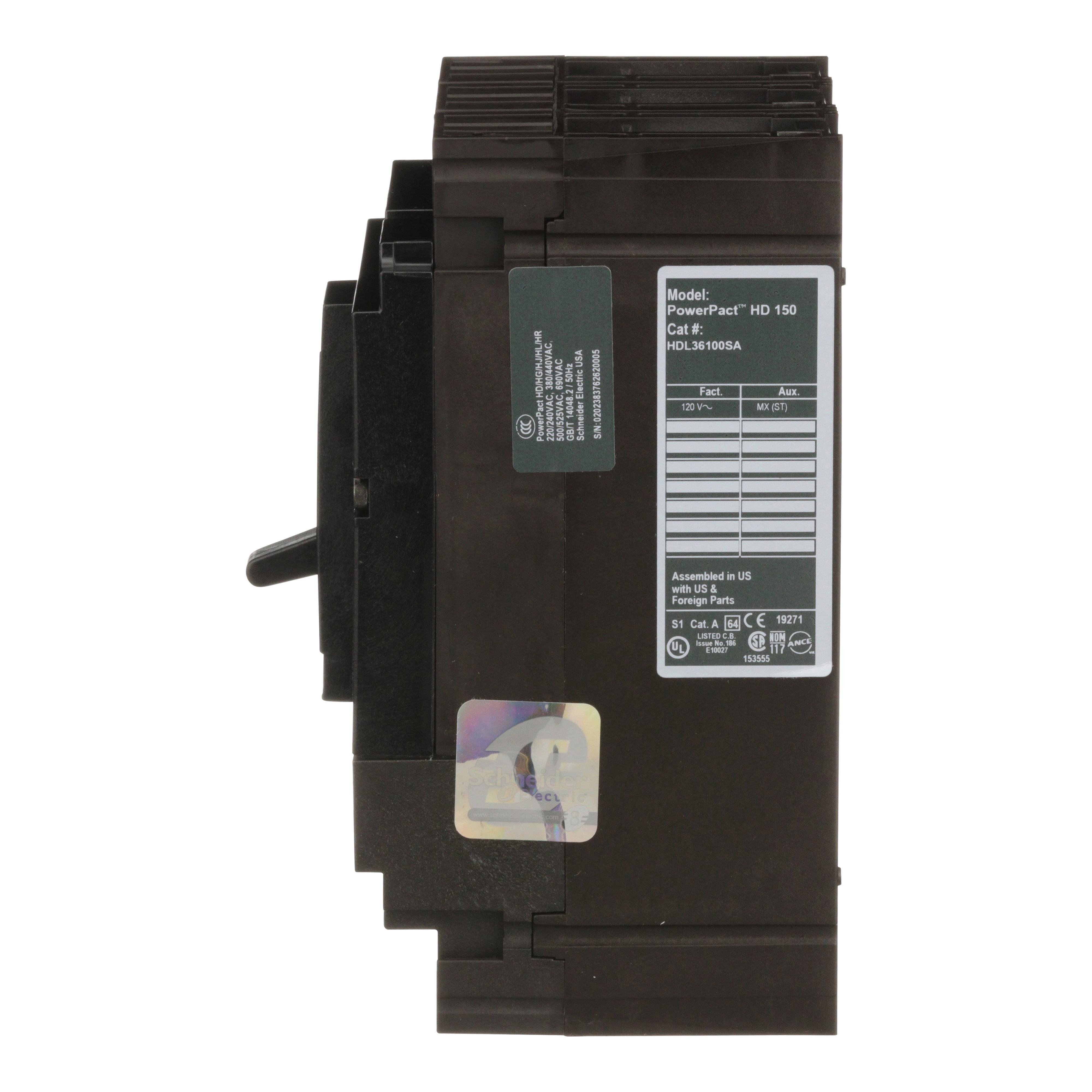 Picture of HDL36100SA - Circuit breaker, PowerPacT H, 100A, 3 pole, 600VAC, 14kA, lugs, thermal magnetic, 80%, shunt