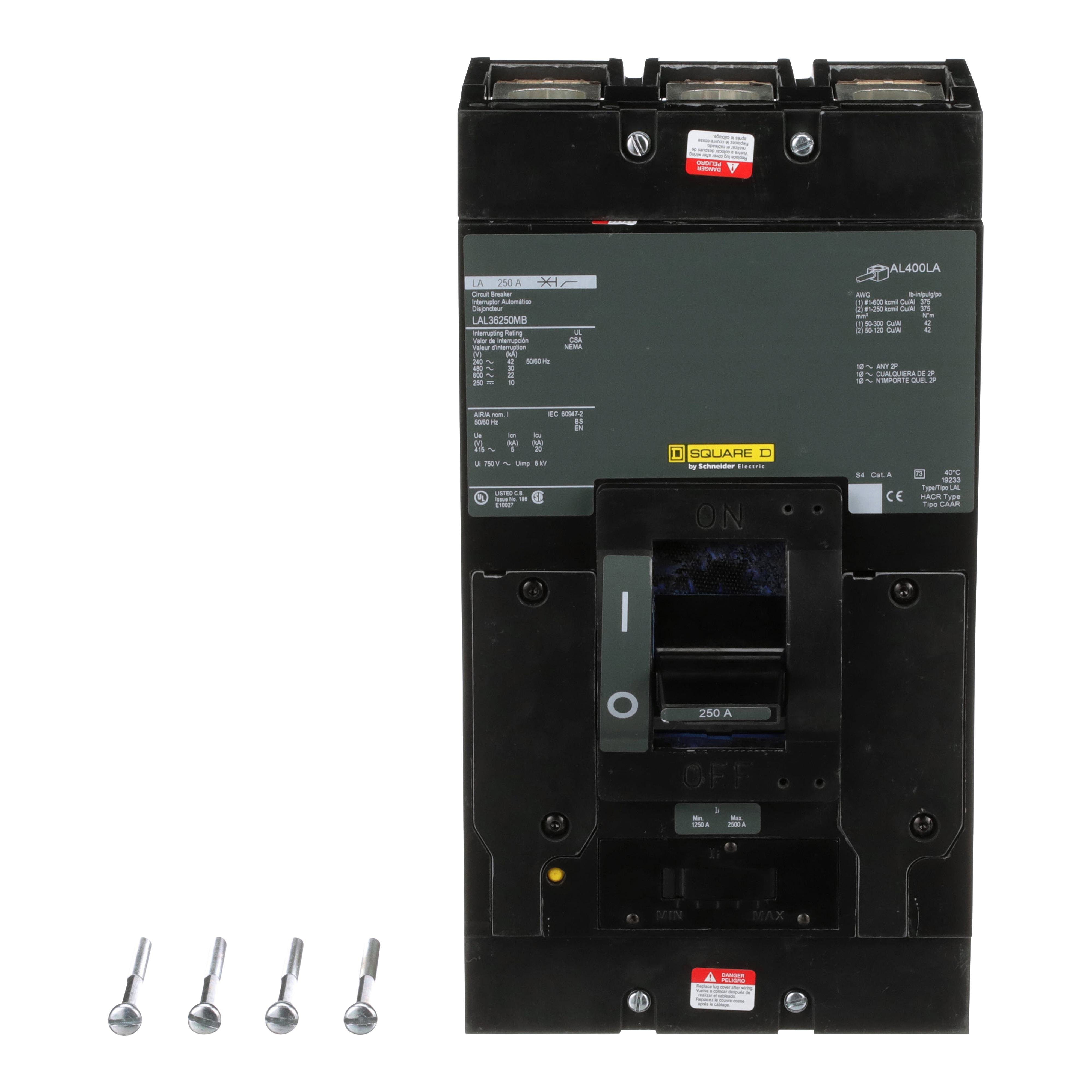 Picture of LAL36250 - Circuit breaker, LA, 250A, 3 pole, 600VAC, 22kA, 250VDC, 10kA, lugs, thermal magnetic