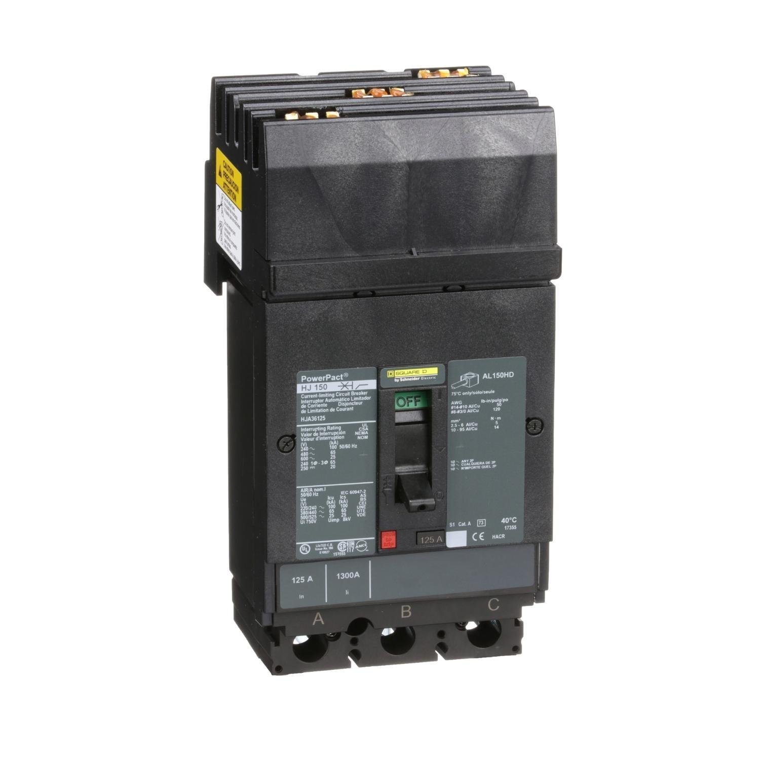 Picture of HJA36125 - Circuit breaker, PowerPacT H, 125A, 3 pole, 600VAC, 25kA, I-Line, thermal magnetic, 80%, ABC