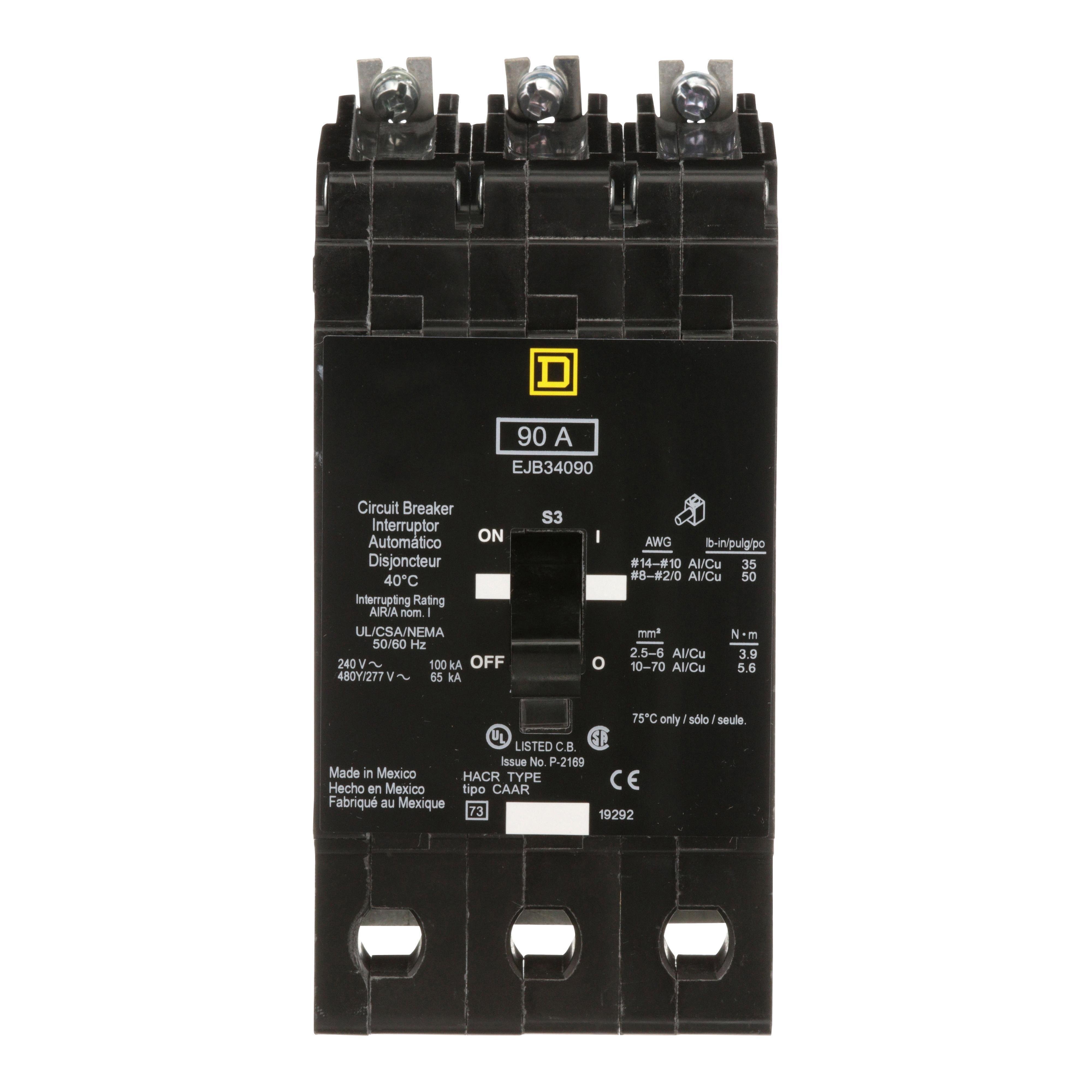 Picture of EJB34090 - Mini circuit breaker, E-Frame, 90A, 3 pole, 480Y/277VAC, 100kA max, bolt on [TAA]