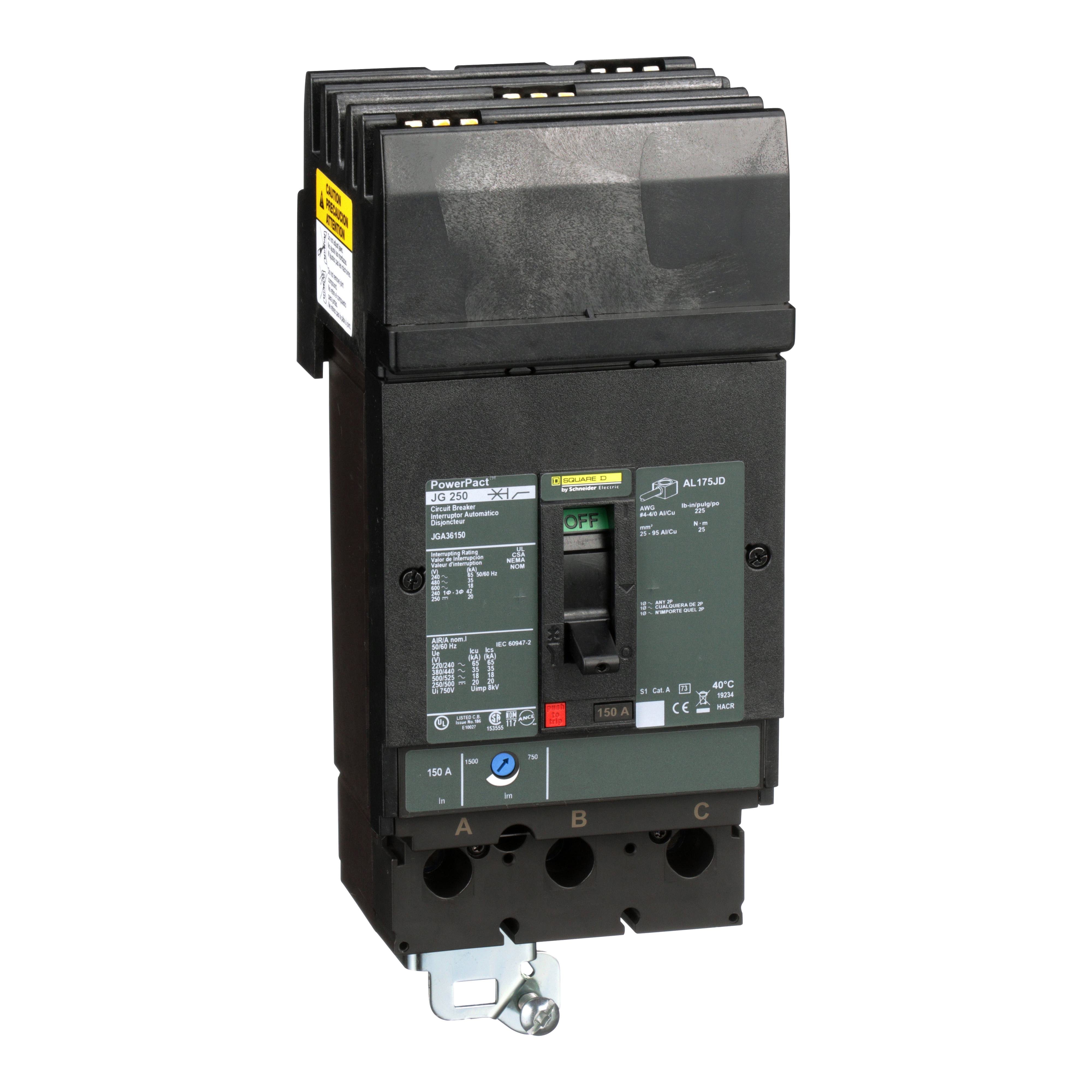JGA36150 - Circuit breaker, PowerPacT J, 150A, 3 pole, 600VAC, 18kA, I-Line, thermal magnetic, 80%, ABC
