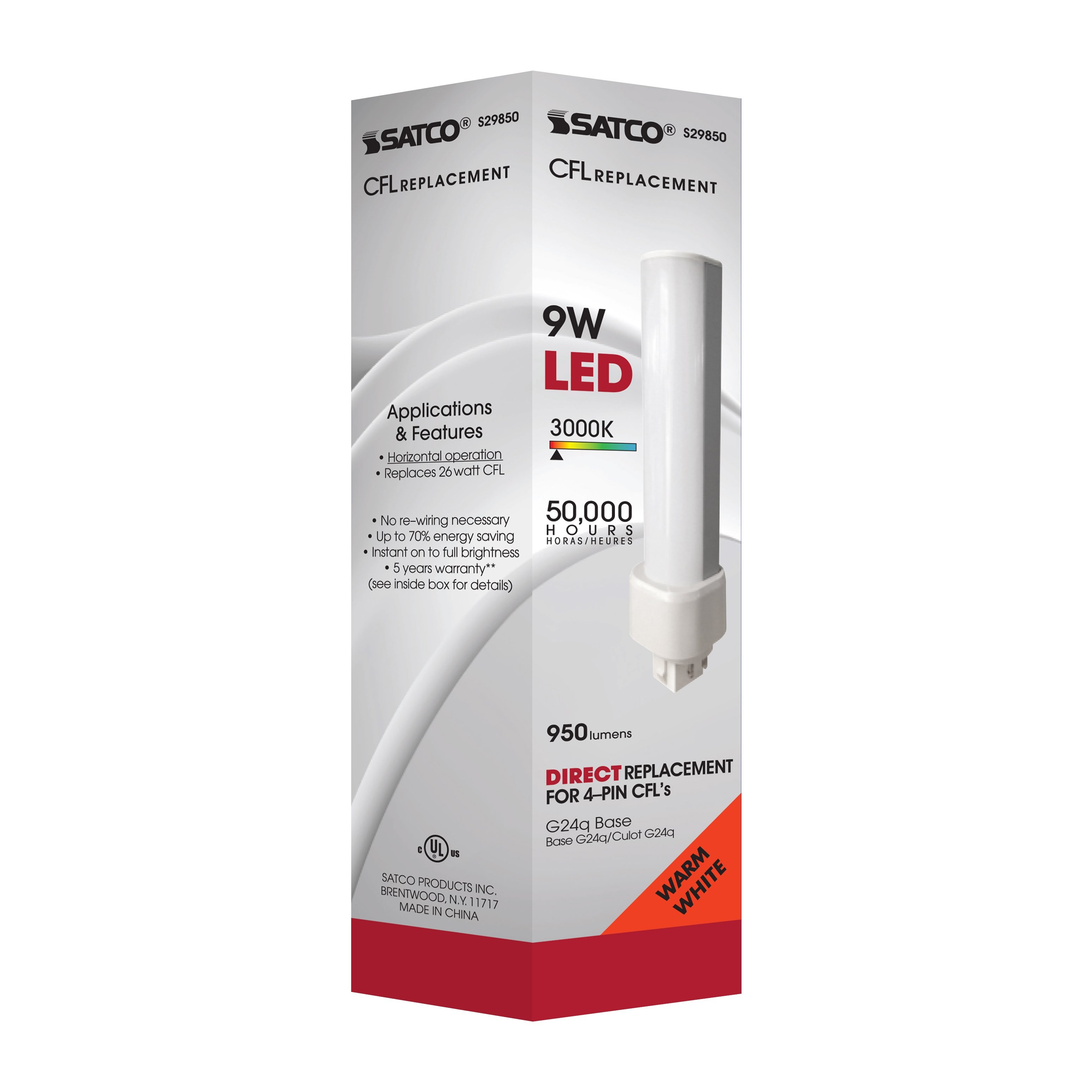 Picture of S29850 - 9 Watt LED PL 4-Pin - 3000K - 1050 Lumens - G24q base - 50000 Average rated hours - 120 Deg. Beam Angle - Type A - Ballast dependent